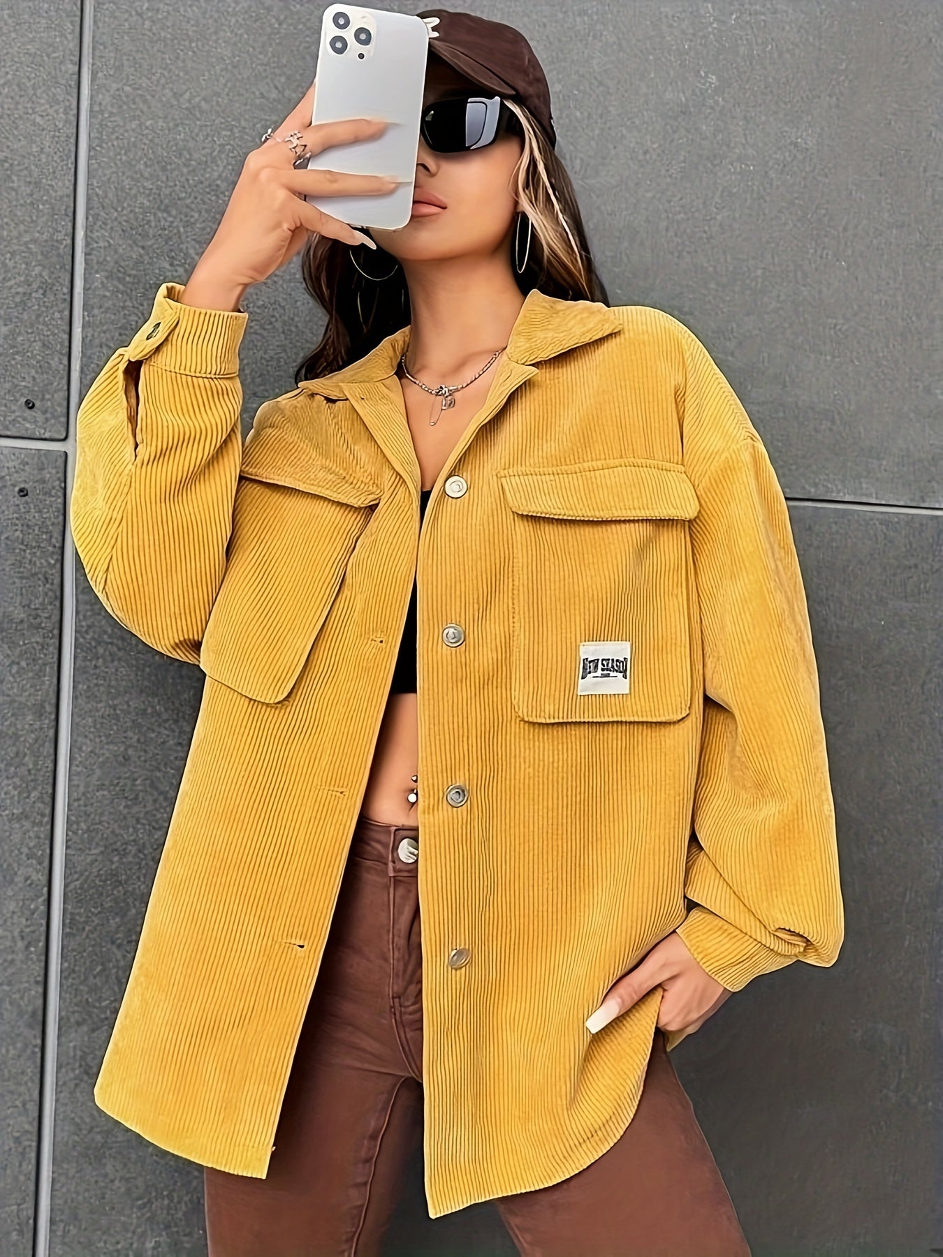 gbolsos Button Front Simple Jacket, Casual Long Sleeve Outerwear With Pockets, Women's Clothing