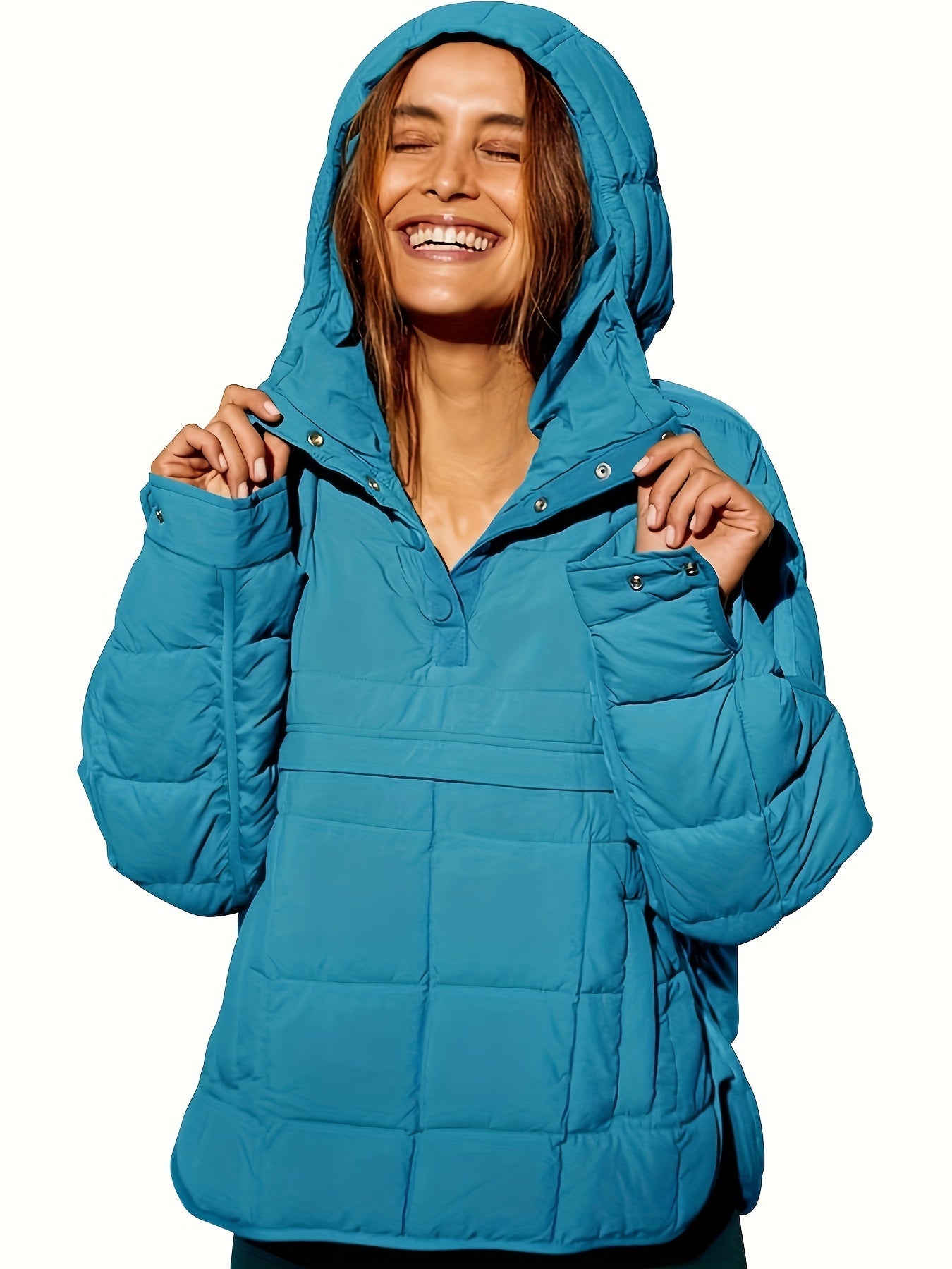 Plus Size Casual Winter Coat, Women's Plus Solid Quilted Button Up Long Sleeve Hooded Pullover Puffer Coat