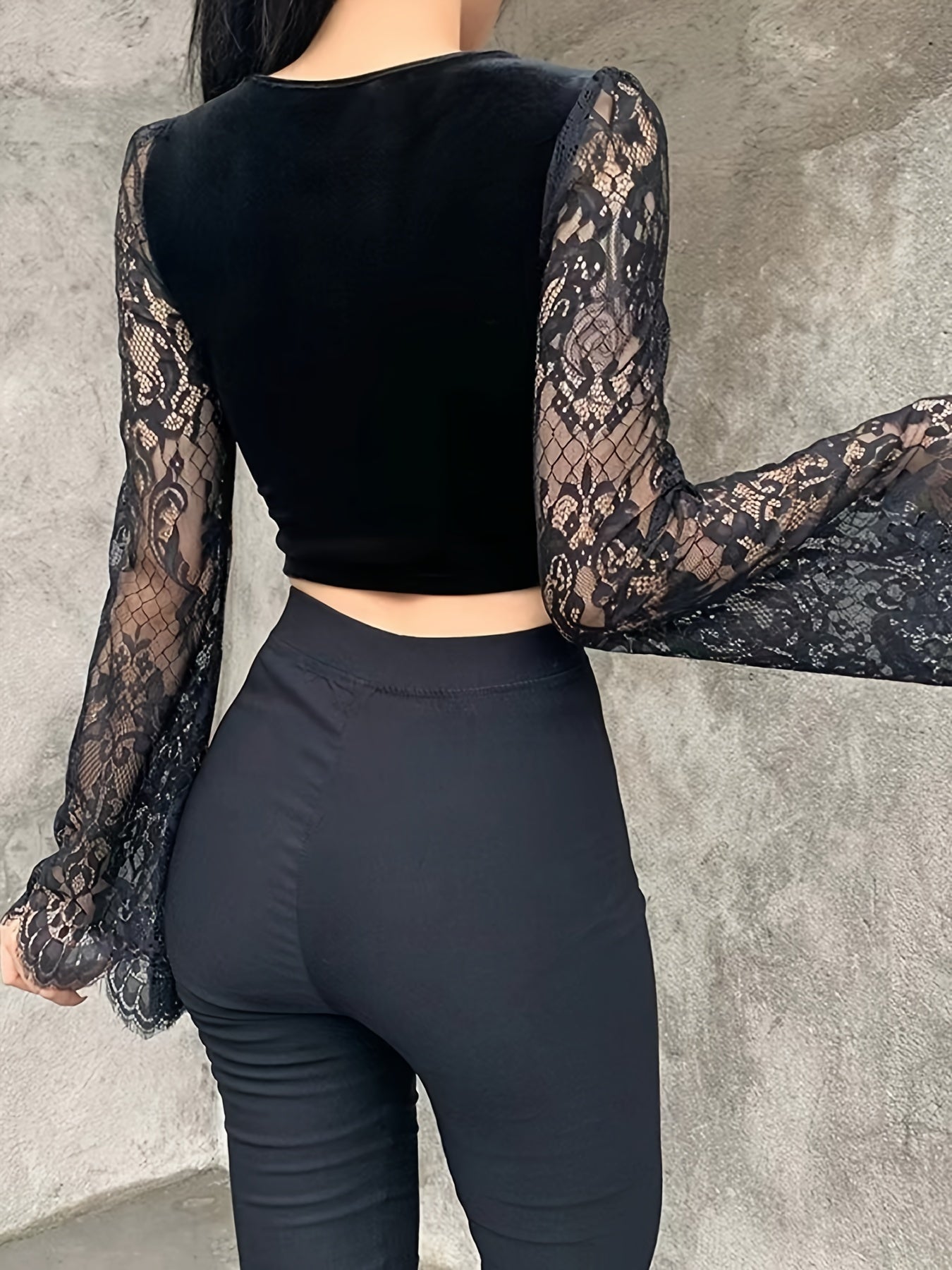 kkboxly Floral Lace Stitching V Neck T-Shirt, Casual Long Sleeve Top For Spring & Fall, Women's Clothing