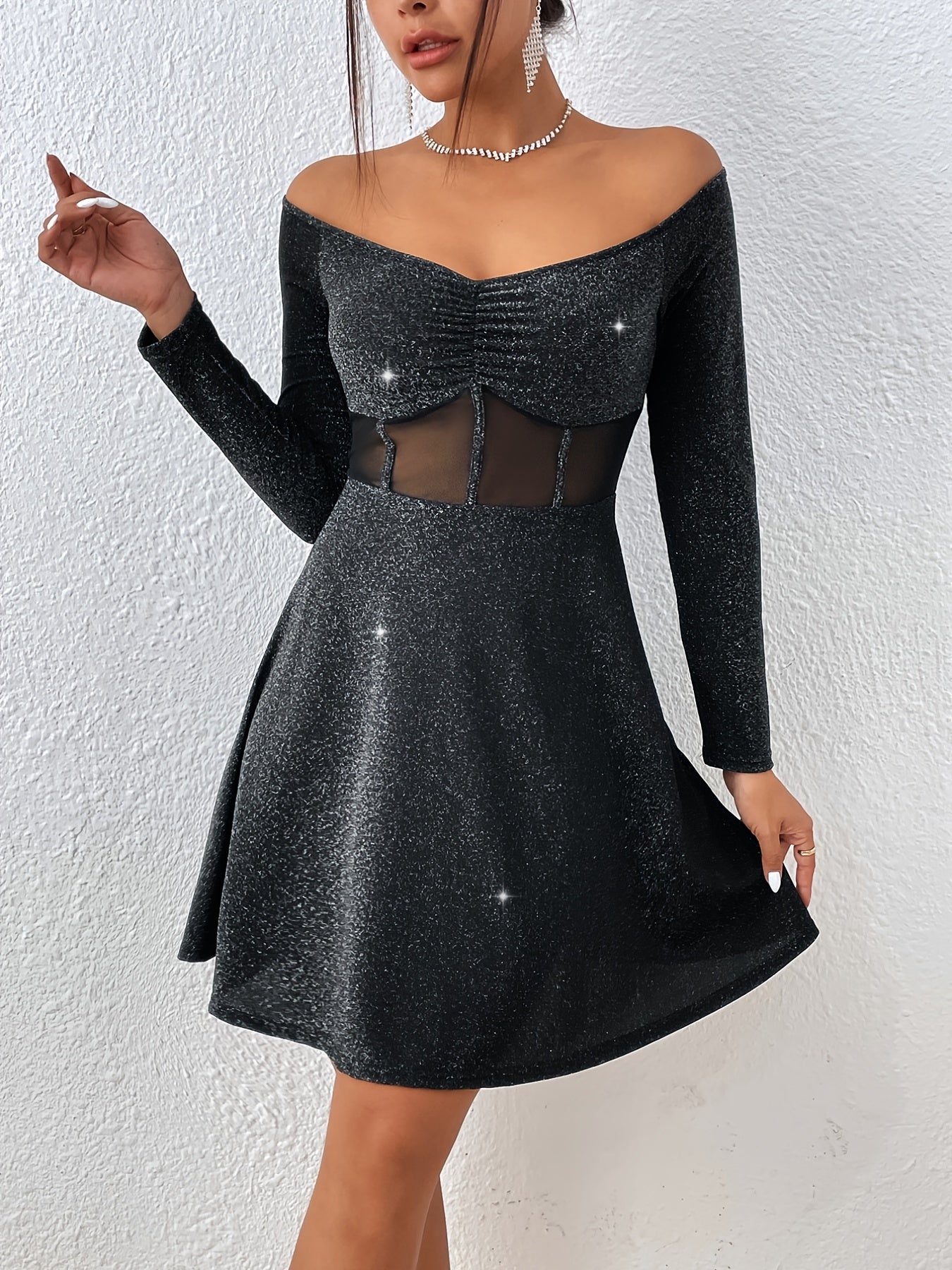 gbolsos Off Shoulder Mesh Contrast Dress, Elegant Long Sleeve Dress For Party & Banquet, Women's Clothing