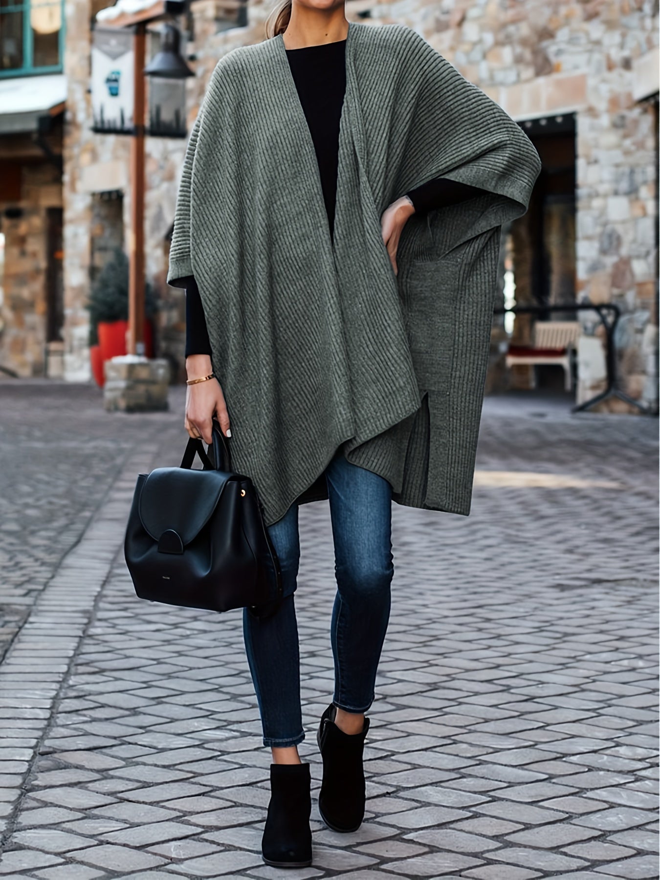 gbolsos Plus Size Retro Cardigan, Women's Plus Solid Ribbed Bat Sleeve Medium Stretch Cardigan
