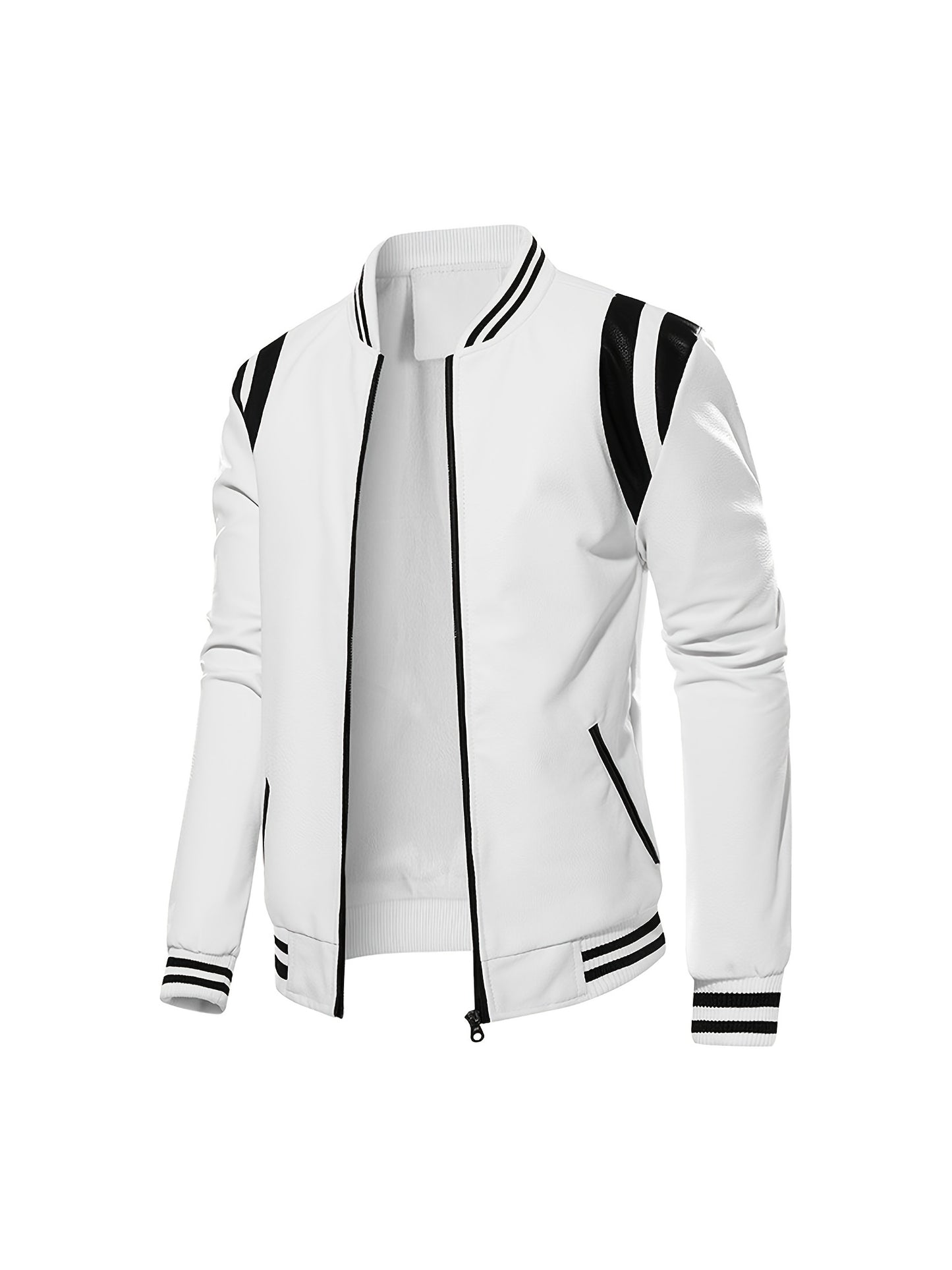 gbolsos Chic Color Block PU Jacket, Men's Casual Baseball Collar Faux Leather Biker Jacket