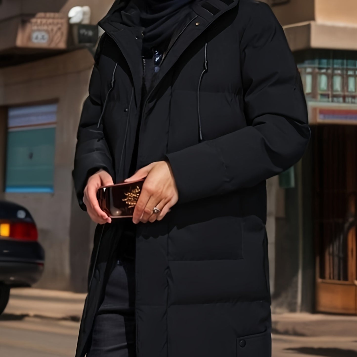 gbolsos Warm Hooded Mid-length Jacket, Men's Casual Zip Up Cotton Padded Jacket Overcoat For Fall Winter Outdoor