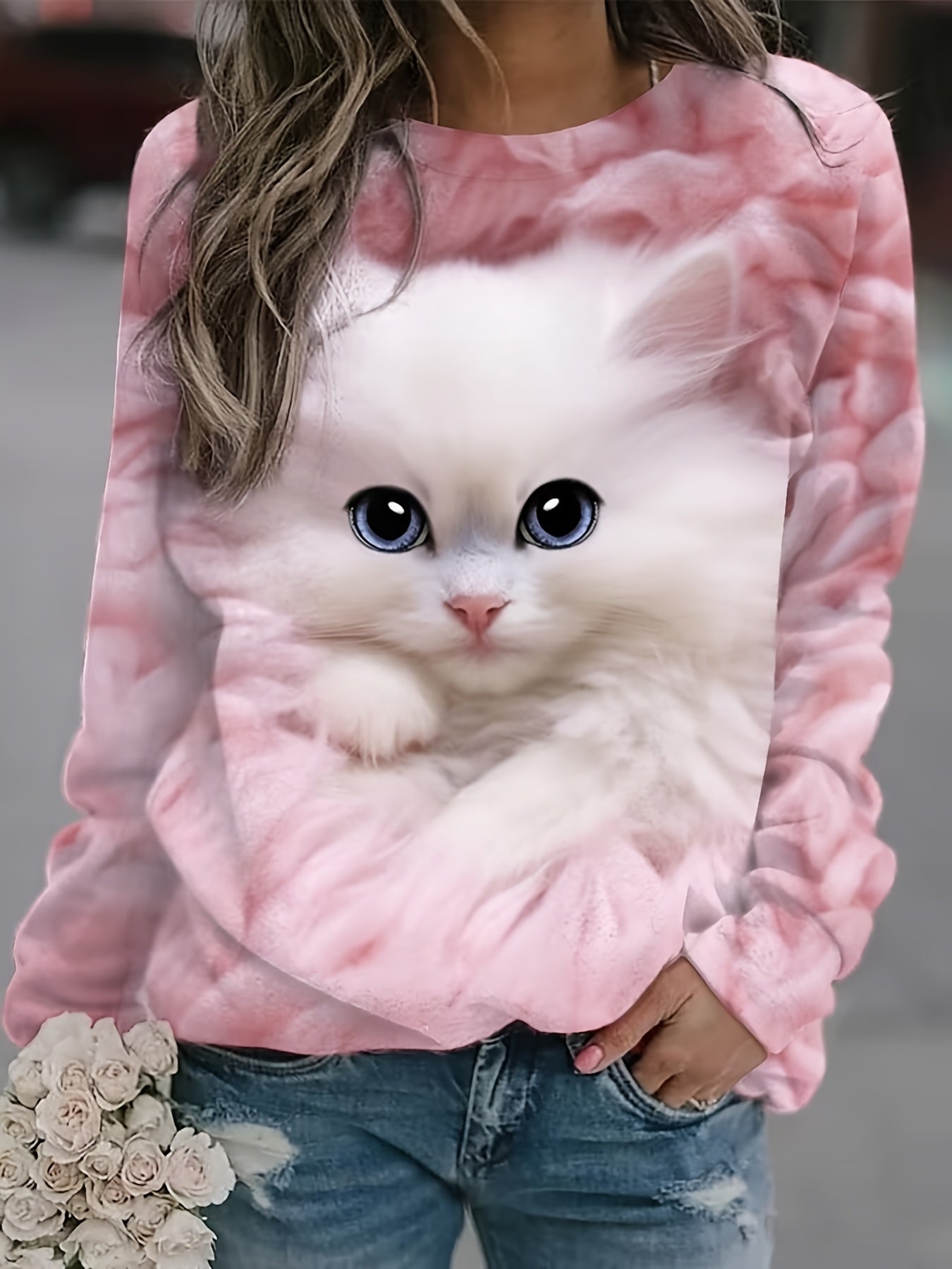 gbolsos Cute Cat Print Sweatshirt, Casual Long Sleeve Crew Neck Sweatshirt For Spring & Fall, Women's Clothing