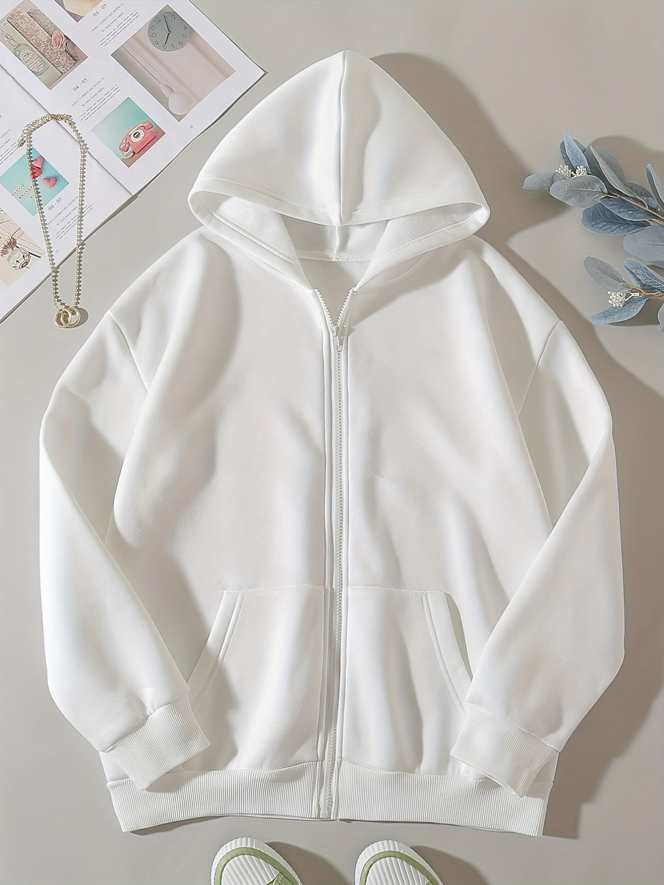 Solid Zip Up Hoodie, Casual Long Sleeve Hoodies Sweatshirt With Pockets, Women's Clothing