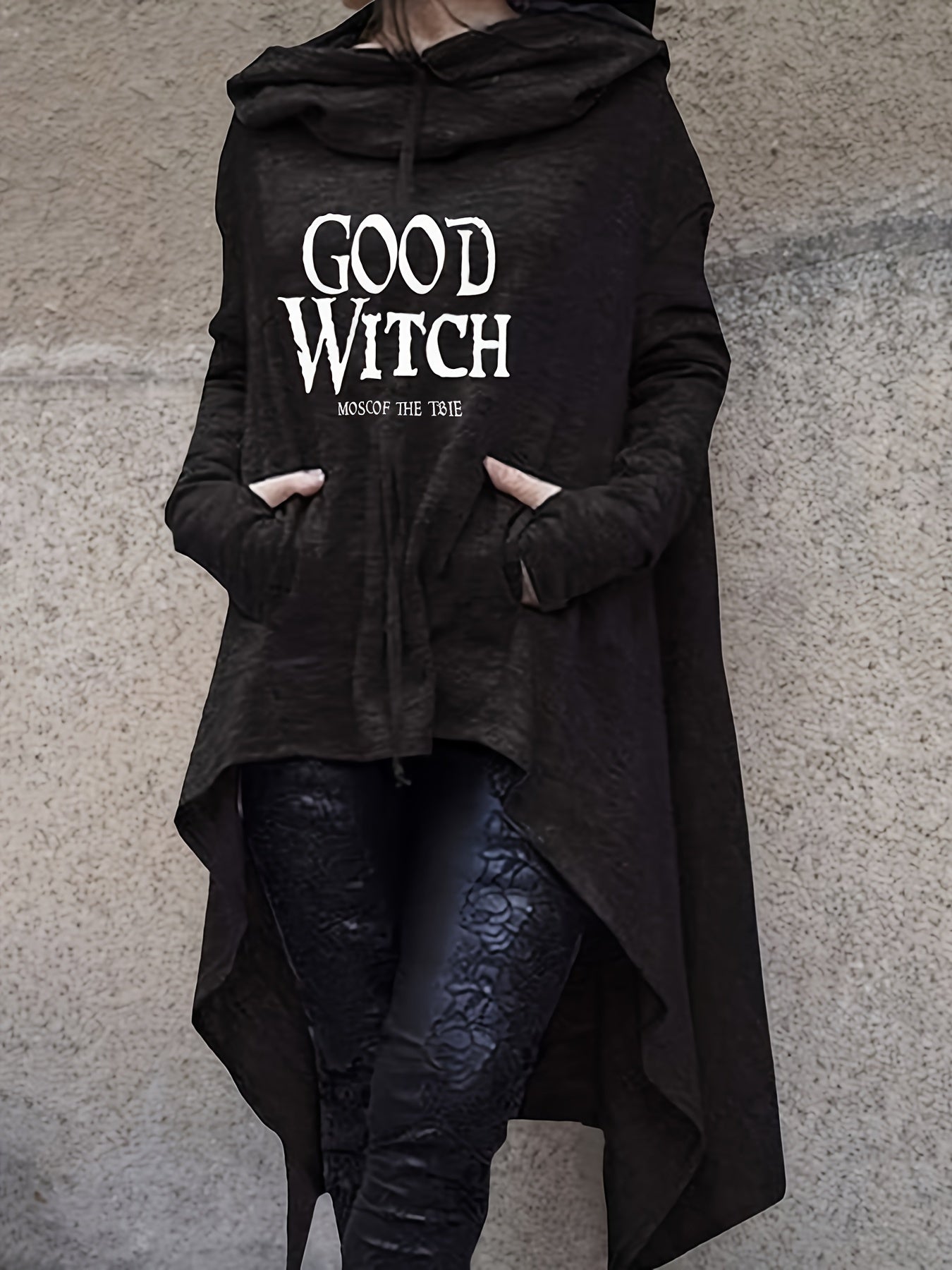 Halloween Letter Print Dipped Hem Hoodie, Casual Long Sleeve Drawstring Hoodies Sweatshirt, Women's Clothing