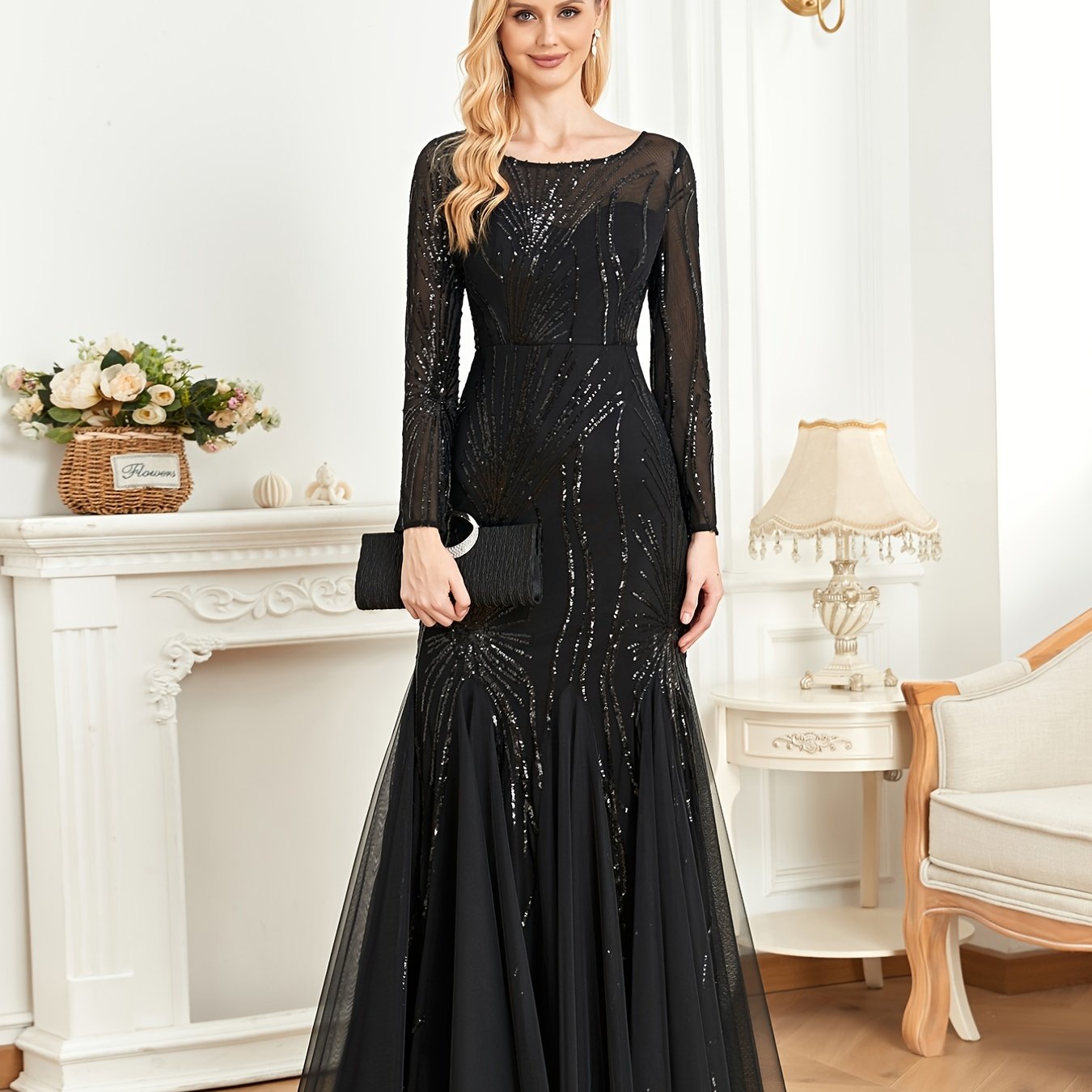 gbolsos Sequined Ruffle Mesh Splicing Dress, Elegant Long Sleeve Crew Neck Mermaid Hem Dress For For Party & Banquet, Women's Clothing