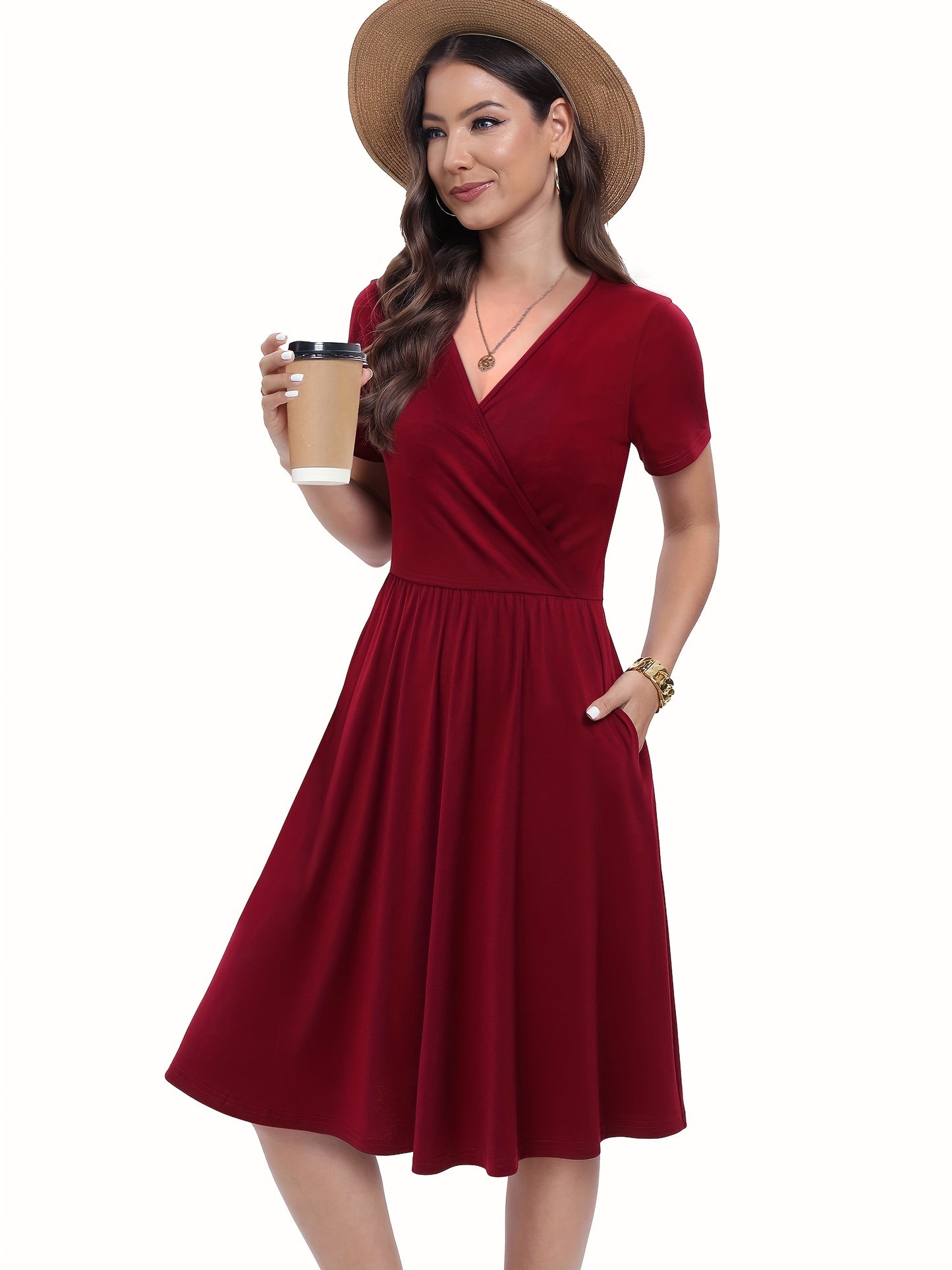 A-line Solid V Neck Dress, Casual Short Sleeve Dress For Spring & Summer, Women's Clothing