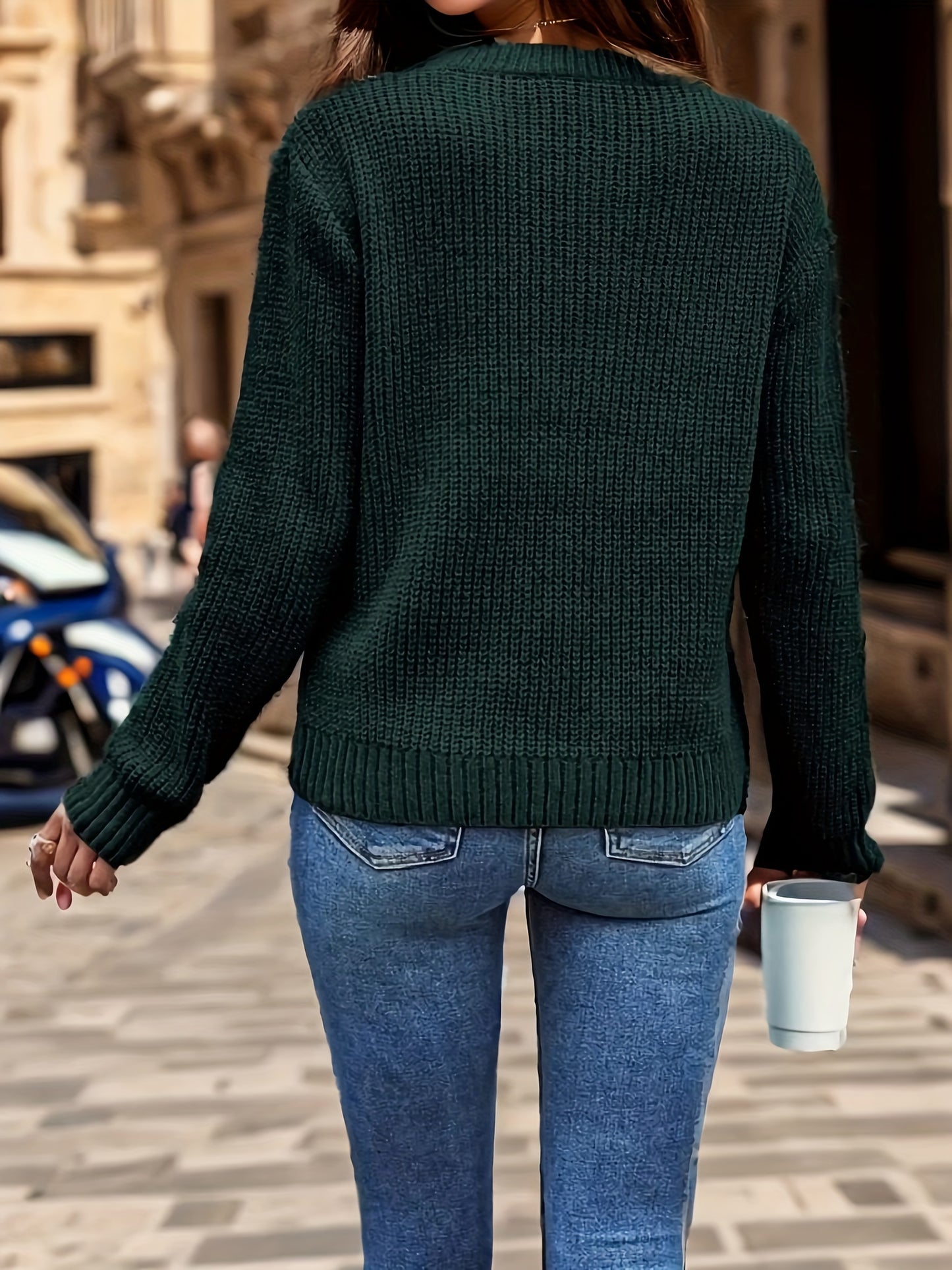 gbolsos Hollow Out Solid Knitted Sweater, Long Sleeve Crew Neck Casual Sweater For Spring & Fall, Women's Clothing