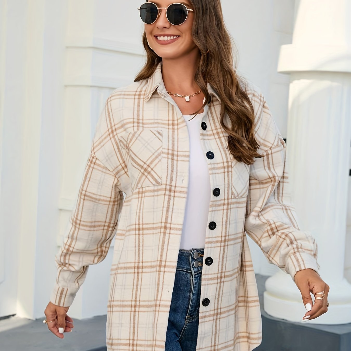 gbolsos Plaid Print Shacket Jacket, Casual Button Front Long Sleeve Outerwear, Women's Clothing