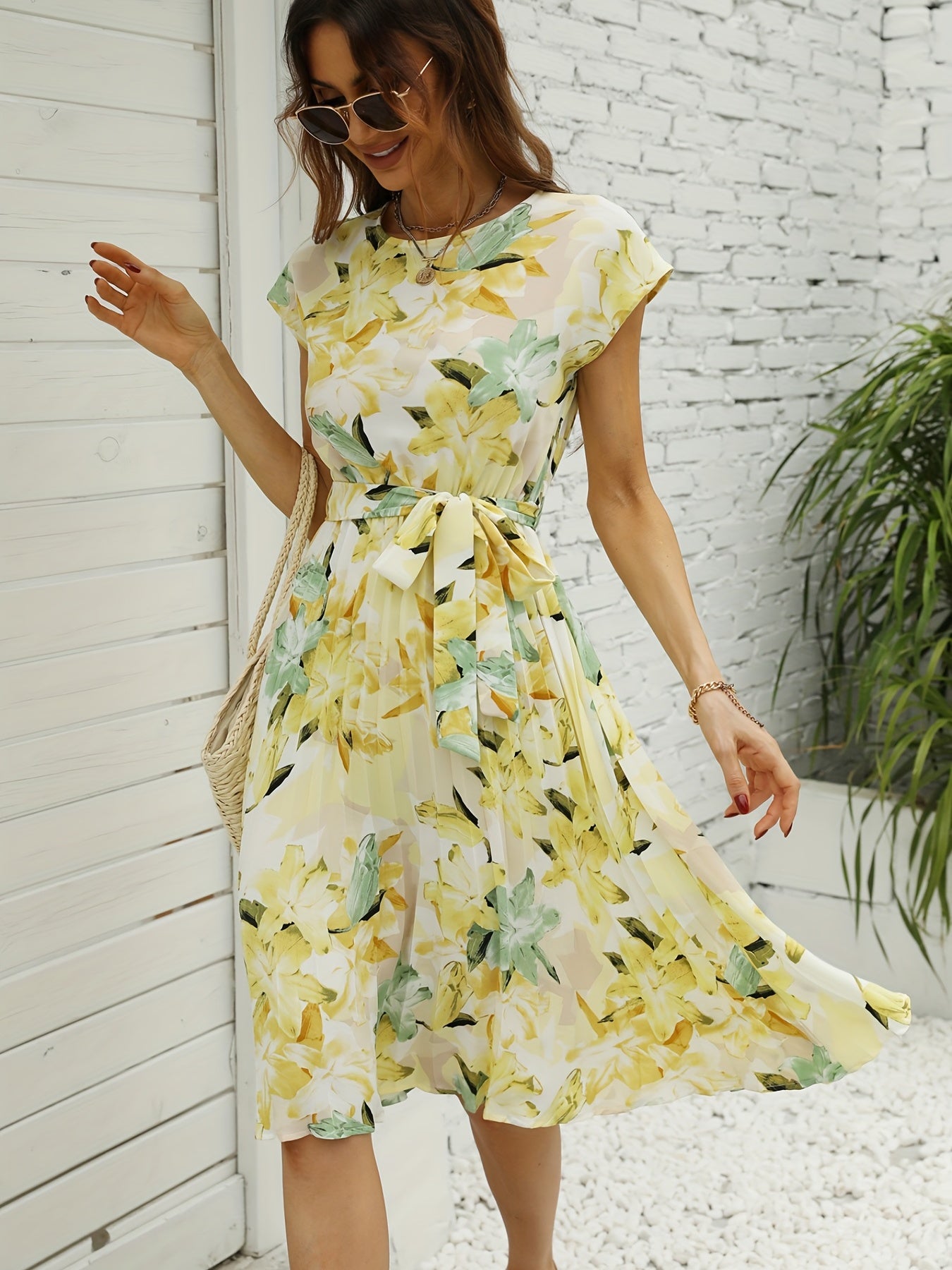 gbolsos Floral Print Pleated Belted Dress, Casual Short Sleeve Dress For Spring & Summer, Women's Clothing