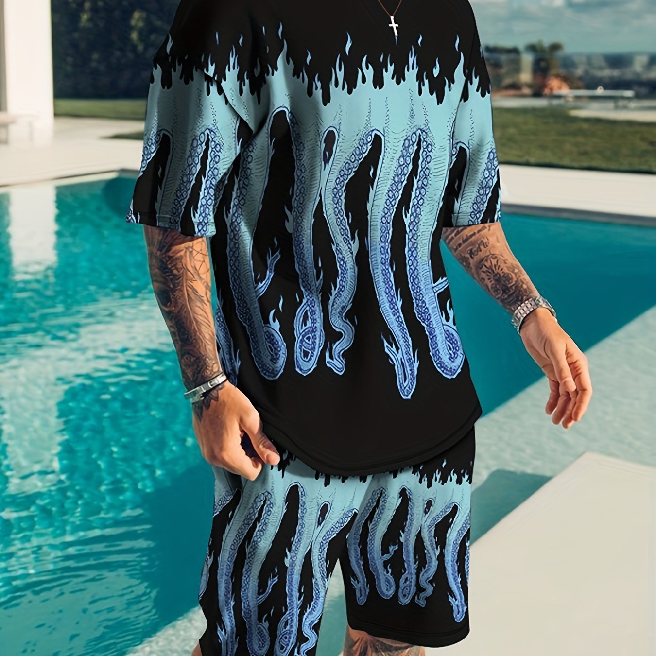gbolsos Casual Two-Piece Set, Men's All Over Print Creative Snake Pattern T-shirt & Comfy Shorts Matching Set For Summer