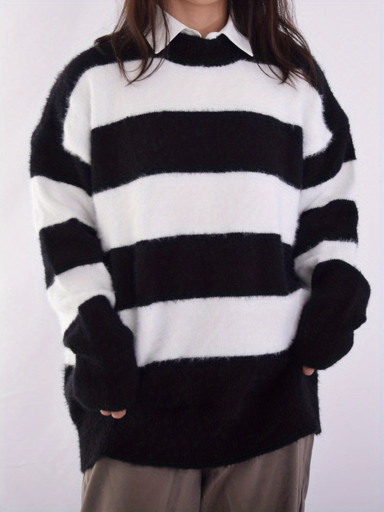 Color Block Striped Knit Sweater, Casual Crew Neck Long Sleeve Sweater For Spring & Fall, Women's Clothing