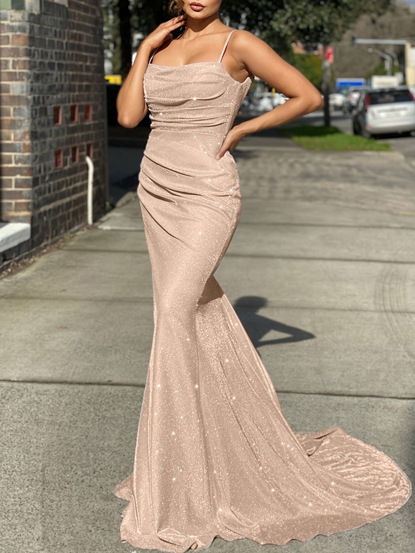 gbolsos Glitter Sequin Slip Sleeveless Backless Maxi Dress, Slim Elegant Ruffled Cocktail Party Guest Evening Gown Mermaid Dress, Women's Clothing