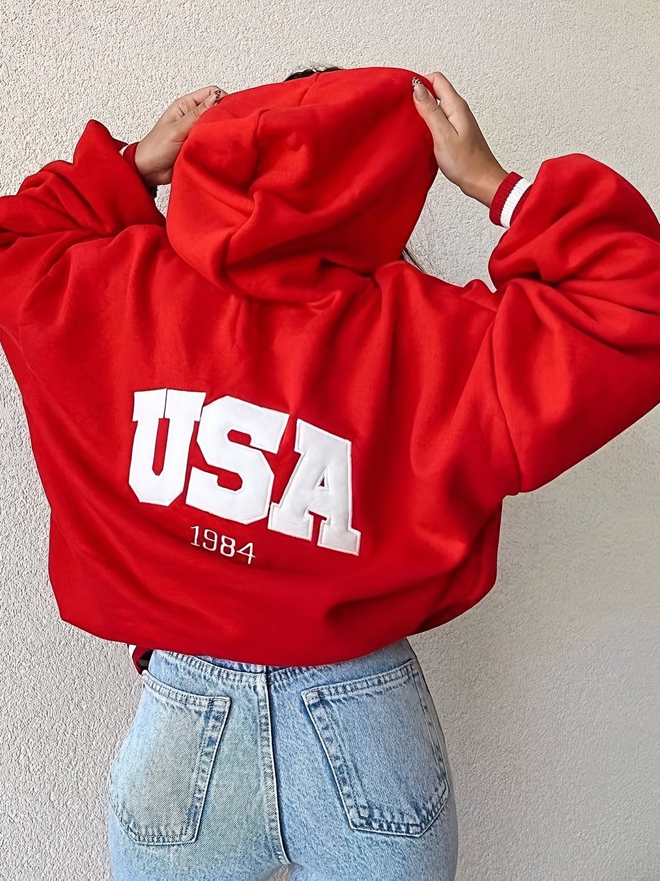gbolsos USA Print Drawstring Hoodie, Casual Long Sleeve Oversized Hoodies Sweatshirt, Women's Clothing