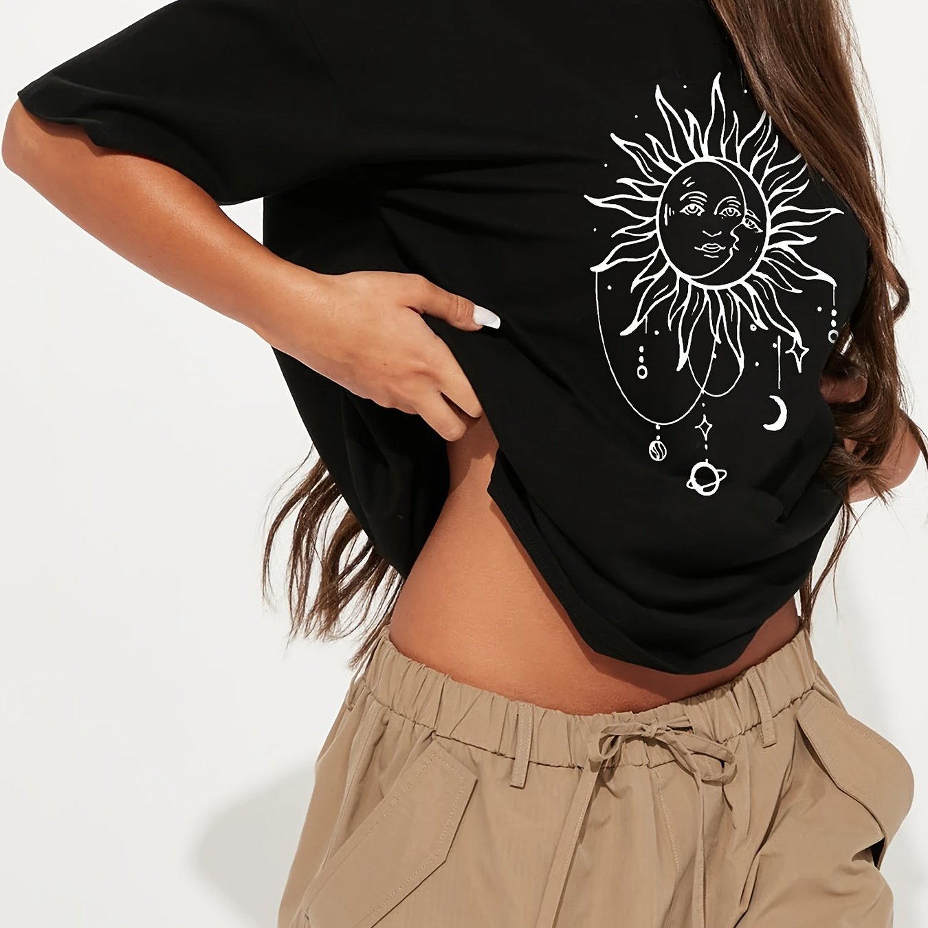 kkboxly Oversized Sun & Moon Print T-Shirt, Casual Drop Shoulder Crew Neck Top For Spring & Summer, Women's Clothing