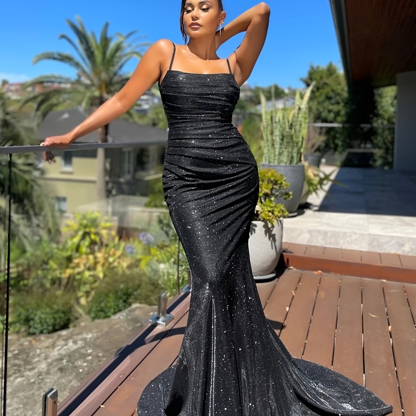 gbolsos Glitter Sequin Slip Sleeveless Backless Maxi Dress, Slim Elegant Ruffled Cocktail Party Guest Evening Gown Mermaid Dress, Women's Clothing