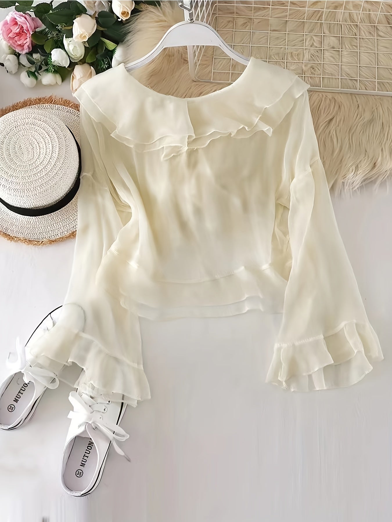 gbolsos Ruffle Layered Blouse, Elegant Tie Front Long Flared Sleeve Blouse, Women's Clothing