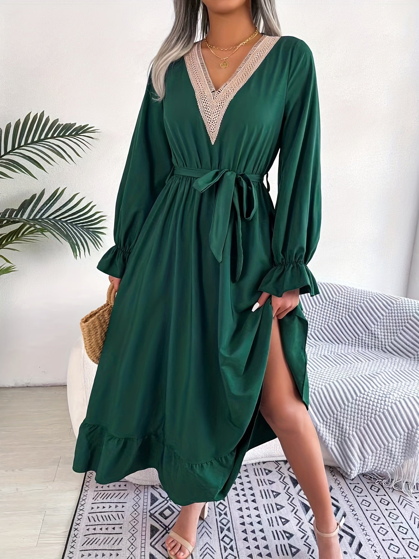 gbolsos Guipure Lace Ruched Dress, Casual V Neck Long Sleeve Ruffle Hem Dress, Women's Clothing