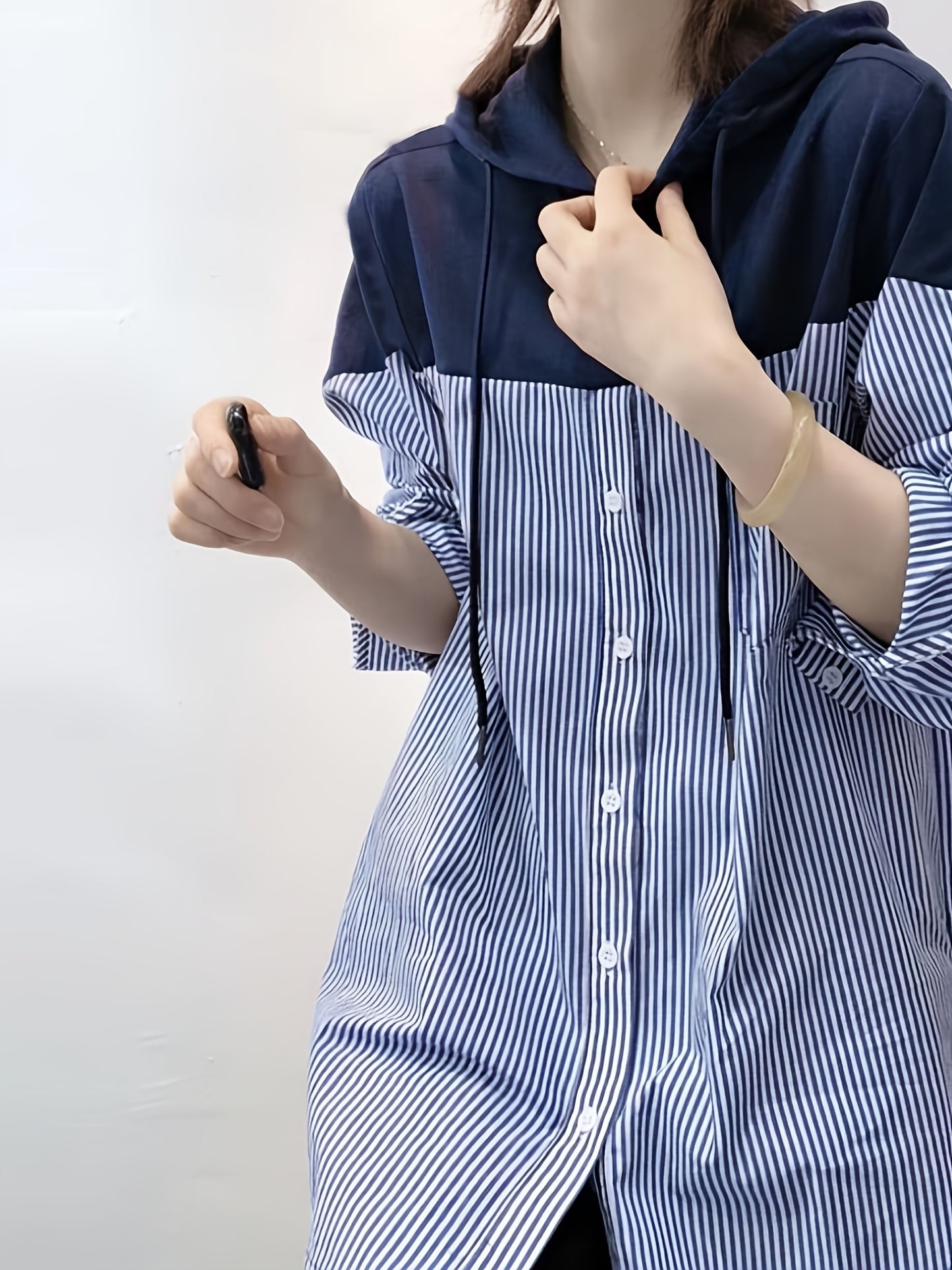 gbolsos Patchwork Striped Print Button Hoodie, Casual Cuff Sleeve Drawstring Hoodies Sweatshirt, Women's Clothing