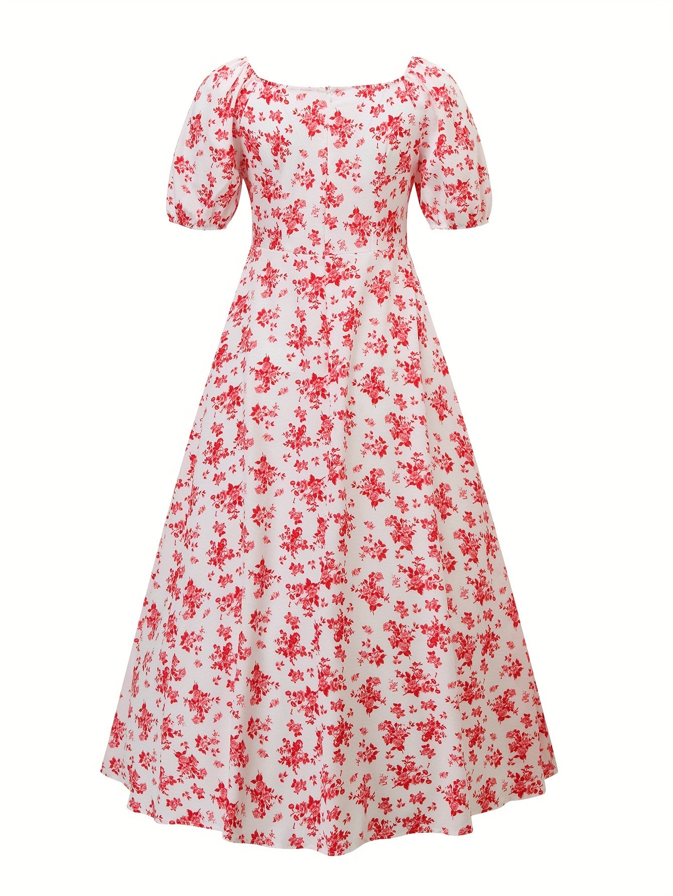 Floral Print Squared Neck Dress, Boho Puff Sleeve Split Thigh Maxi Dress, Women's Clothing