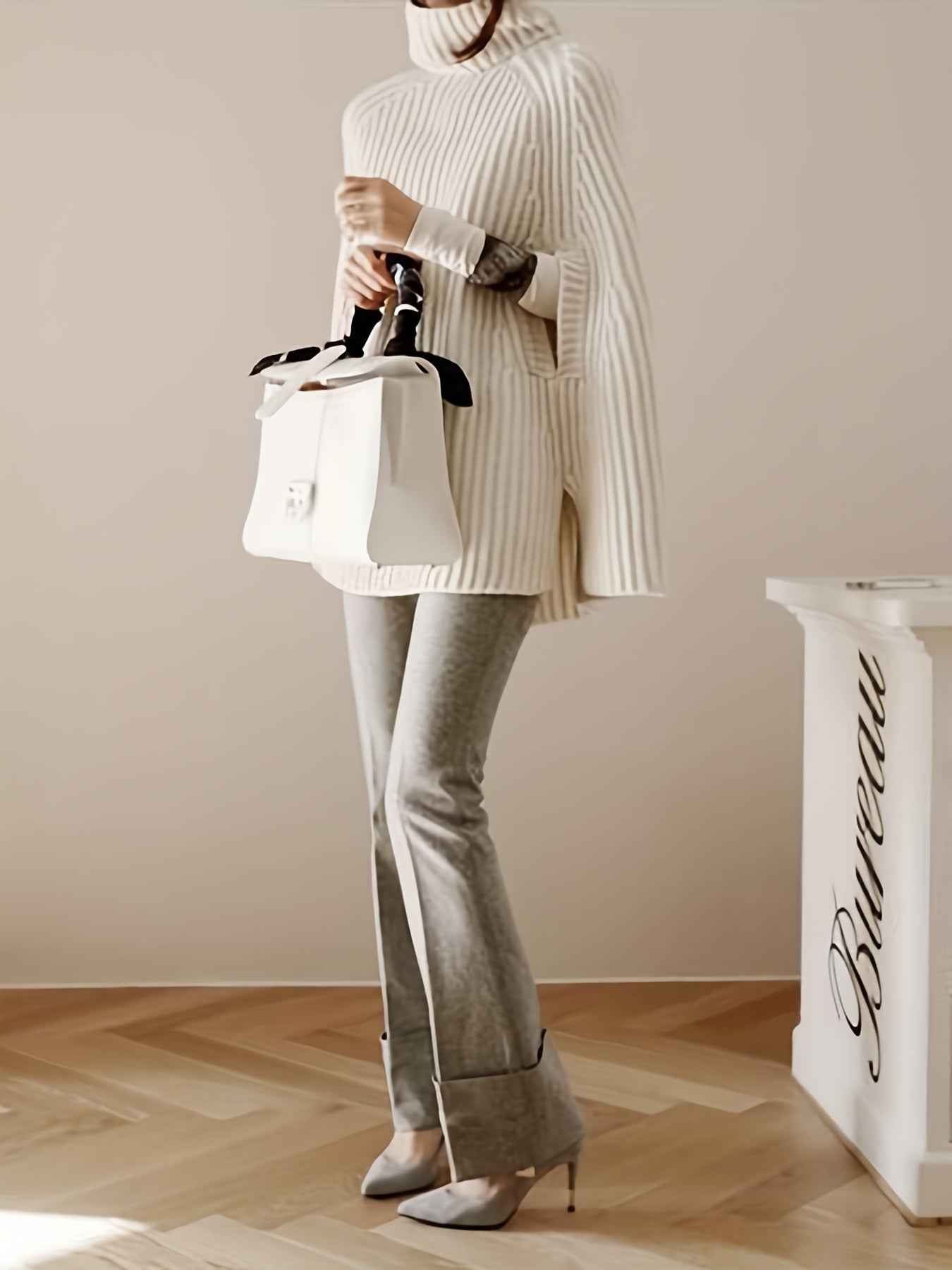 Cape Sleeve Turtle Neck Sweater, Elegant Ribbed Knit Sweater For Fall & Winter, Women's Clothing