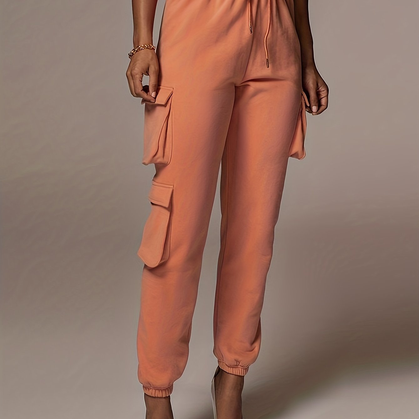 gbolsos Drawstring Baggy Cargo Pants, Casual High Waist Flap Pockets Pants, Women's Clothing