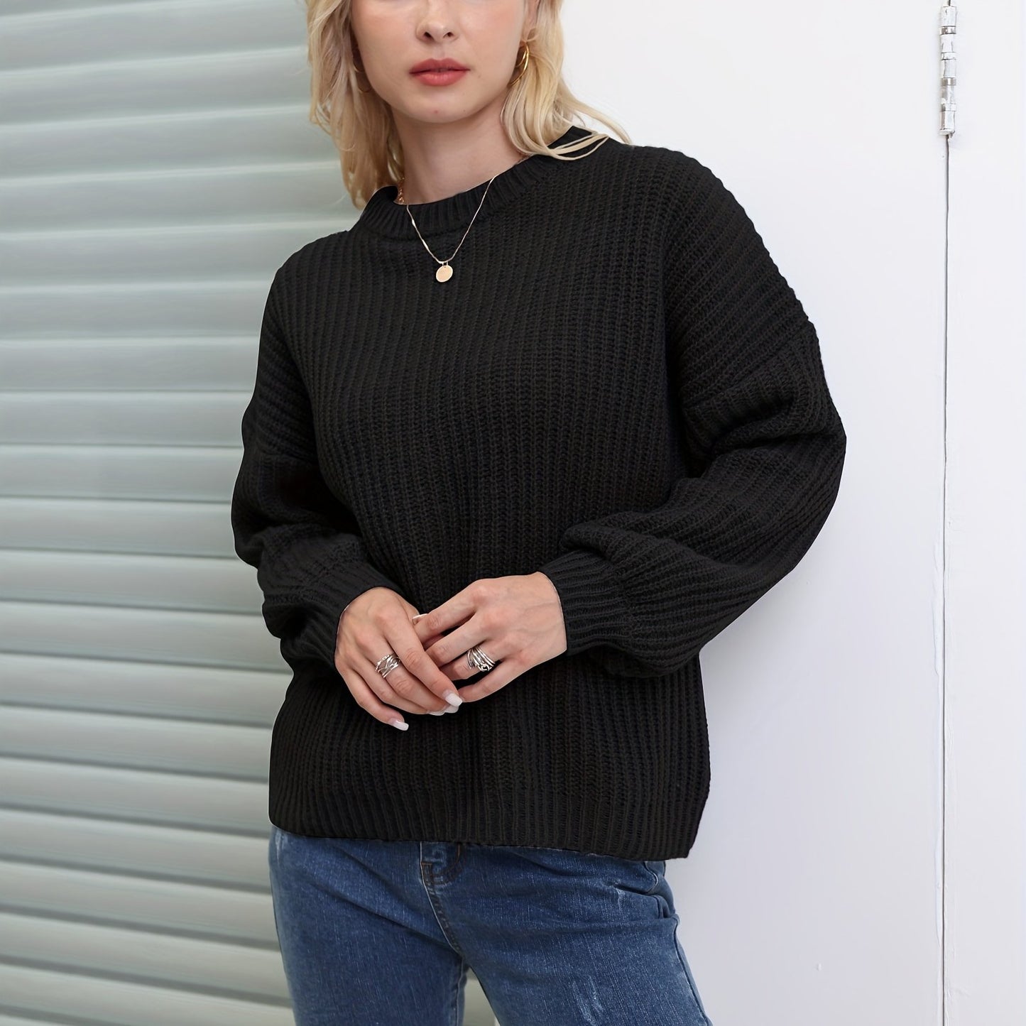 gbolsos Solid Versatile Knit Pullover Sweater, Casual Crew Neck Drop Shoulder Long Sleeve Sweater, Women's Clothing