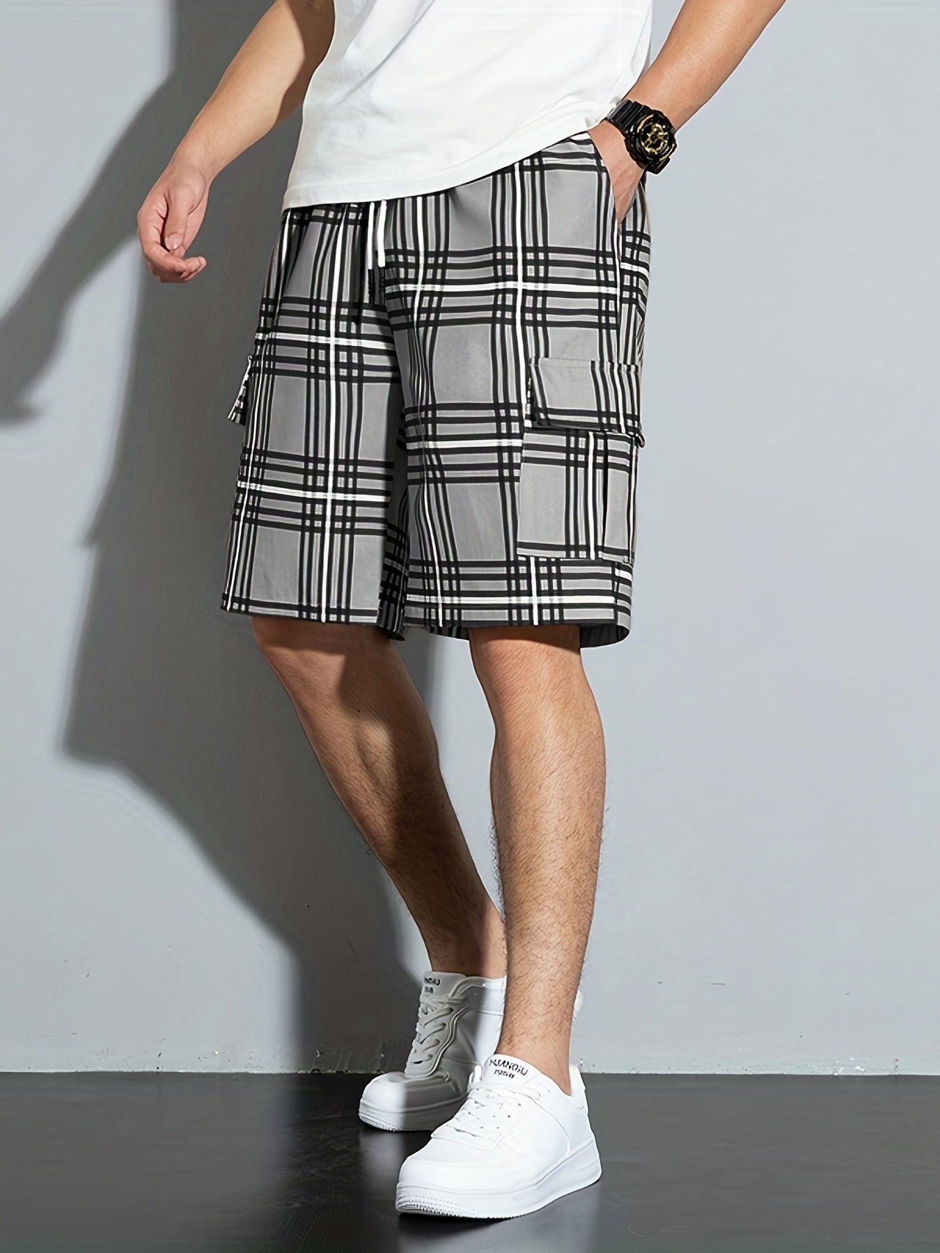 gbolsos Casual Plaid Side Pockets Drawstring Beach Shorts, Men's Cargo Shorts For Summer Outdoor