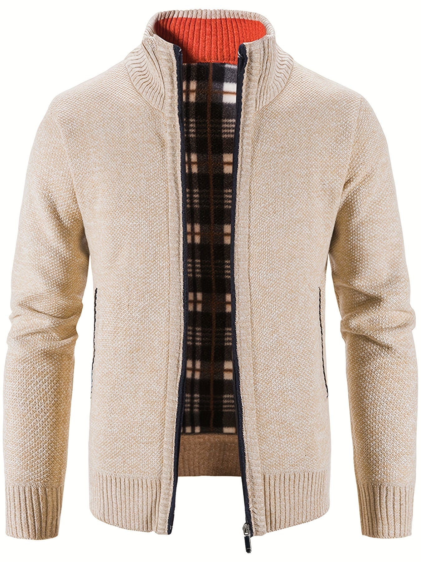 gbolsos Warm Stand Collar Fleece Jacket, Men's Semi-formal Comfortable Solid Color Zip Up Knitted Cardigan For Spring Fall