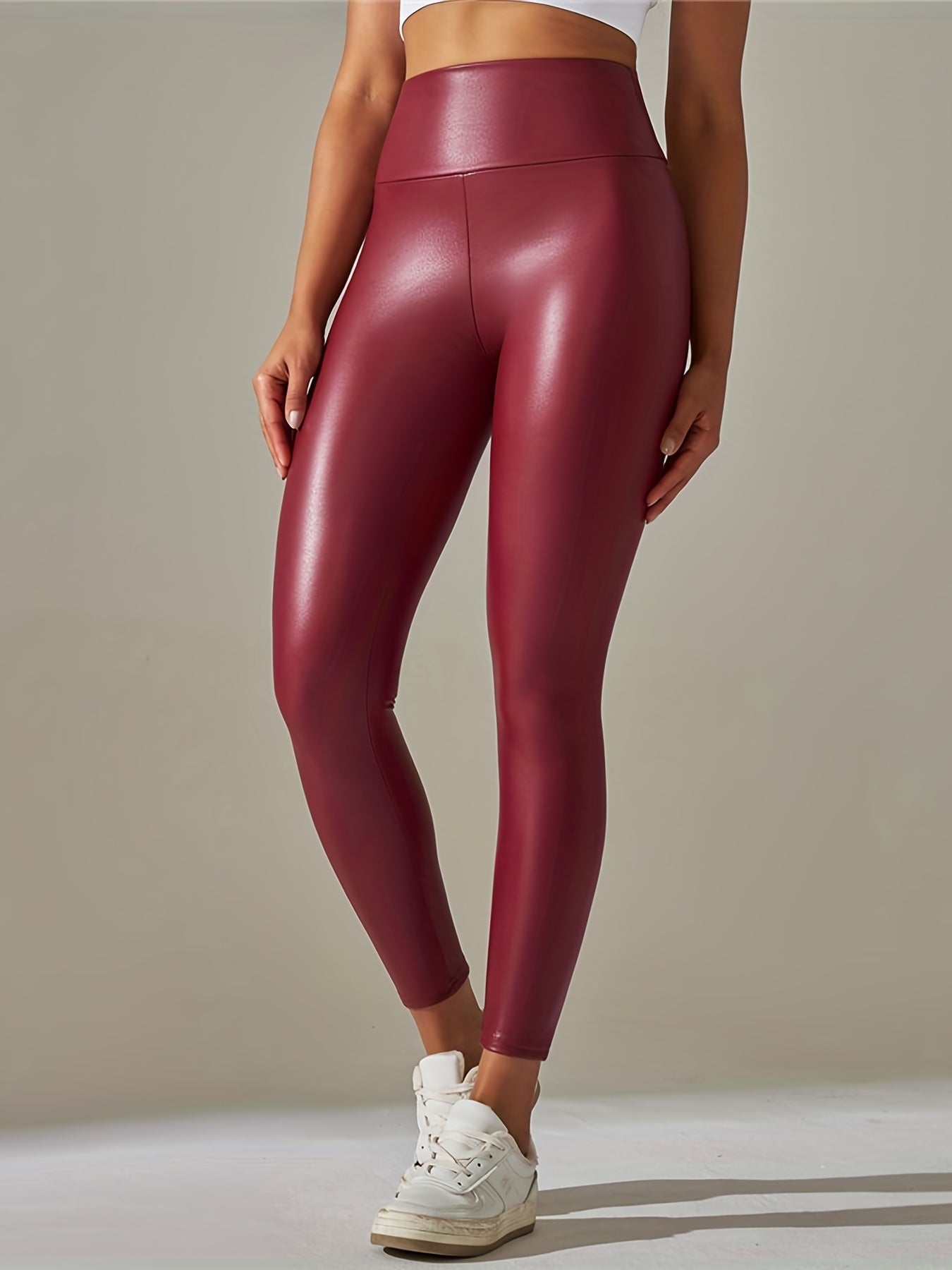 gbolsosGothic Solid PU Leather High Waist Leggings, Casual Skinny Long Length Sexy Leggings, Women's Clothing