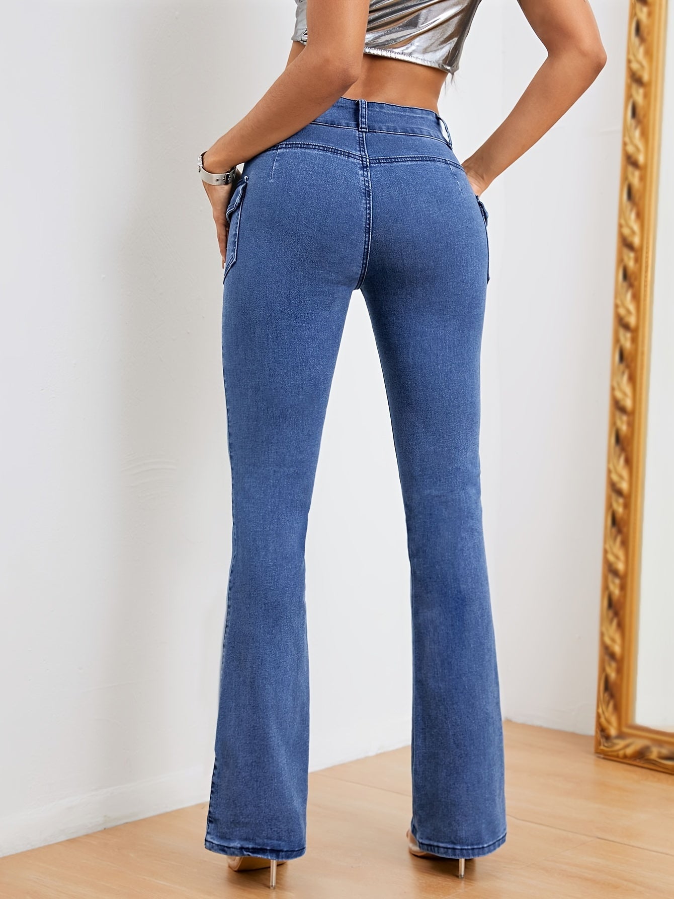 Plain Flap Pockets Cargo Flare Jeans, High Stretch Mid Waist Bell Bottom Jeans, Women's Denim Jeans & Clothing