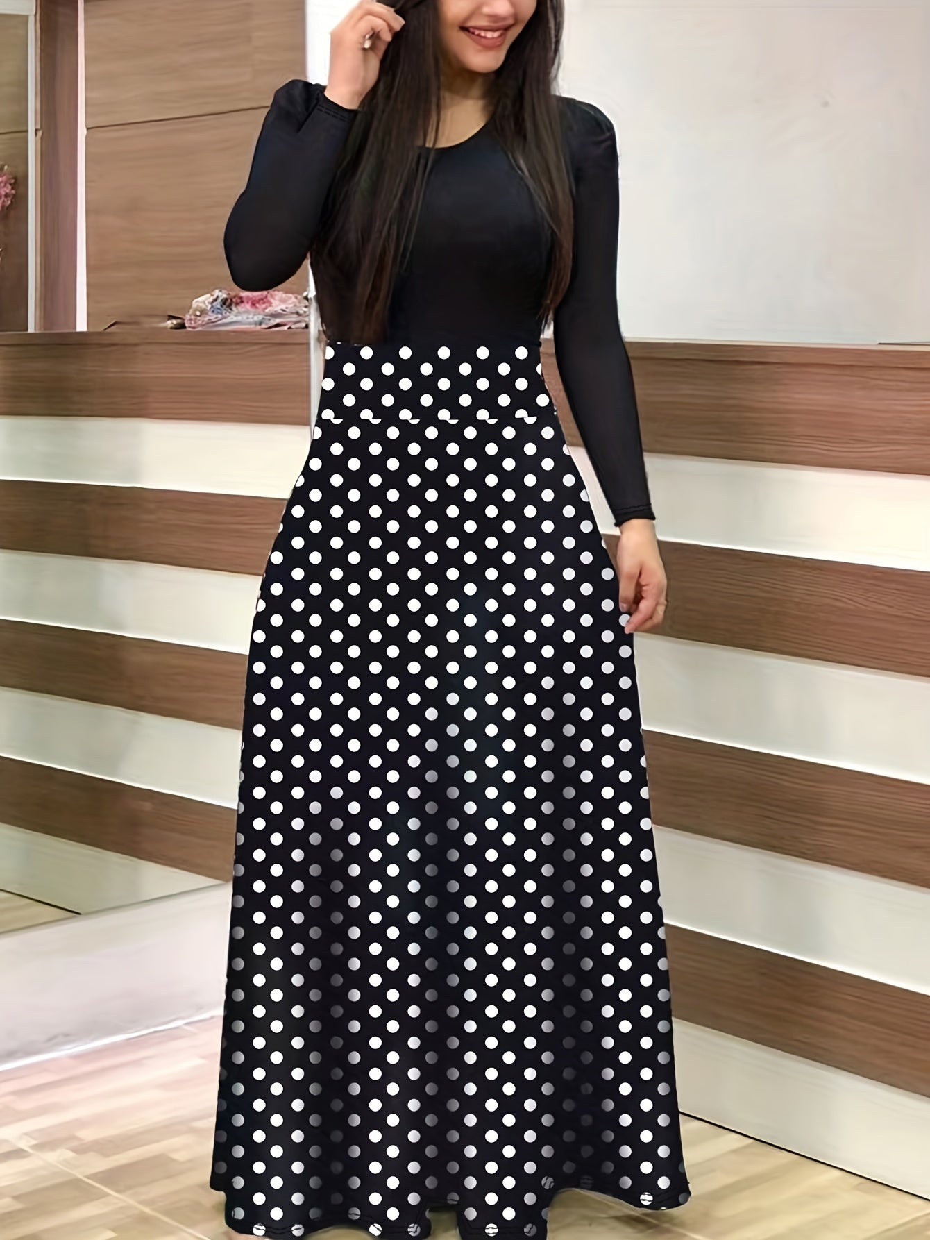 Floral Print Long Sleeve Dress, Elegant Crew Neck Pleated Maxi Dress, Women's Clothing