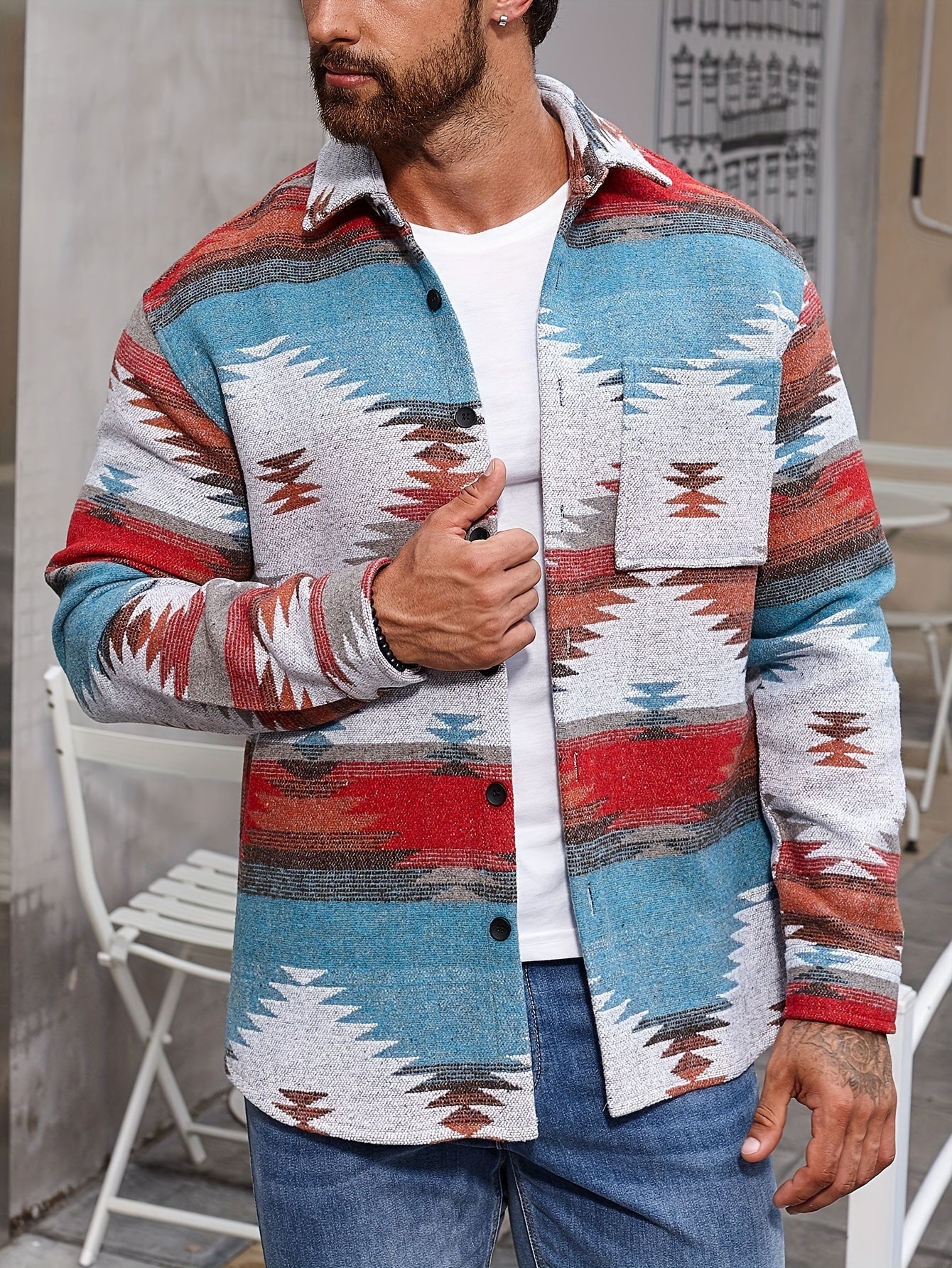 gbolsos Various Pattern Men's Casual Long Sleeve Lapel Shirt, Men's Thick Outwear For Fall Winter
