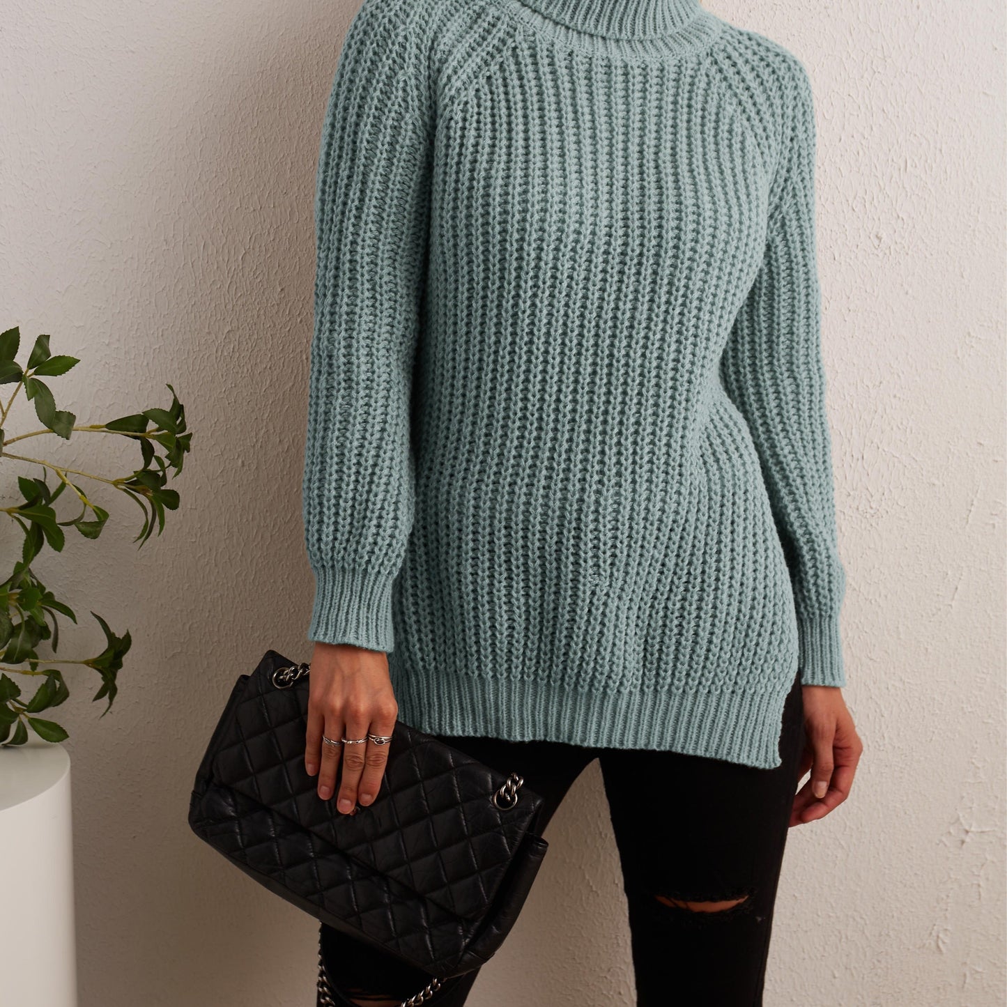 gbolsos Solid Turtleneck Oversized Sweater, Long Sleeve Side Slit Casual Sweater, Women's Clothing