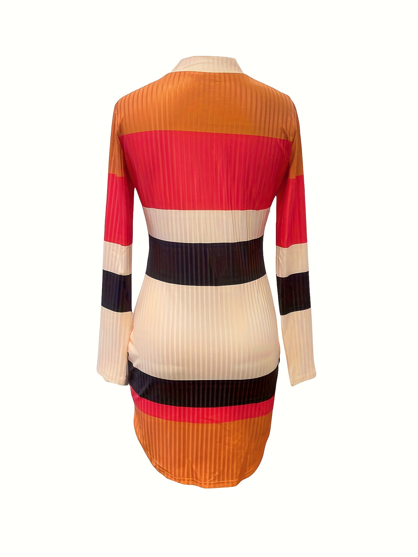 gbolsos Color Block Long Sleeve Zipper Dress, Ribbed Knit Tie-waist Mock Neck Dress For Spring & Fall, Women's Clothing