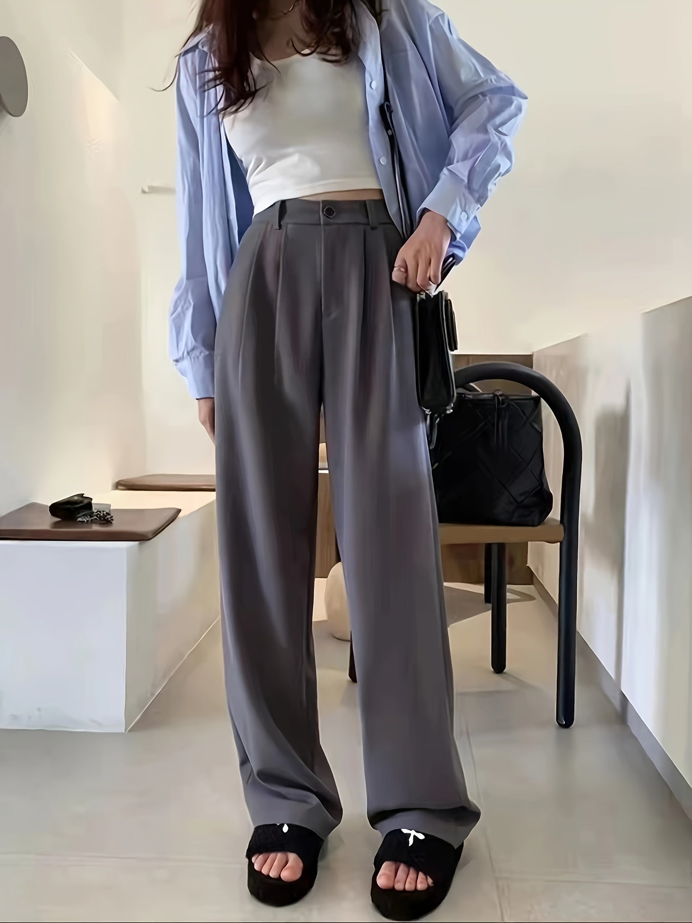 gbolsos Straight Leg Trouser, High Waist Casual Pants For Spring & Fall, Women's Clothing