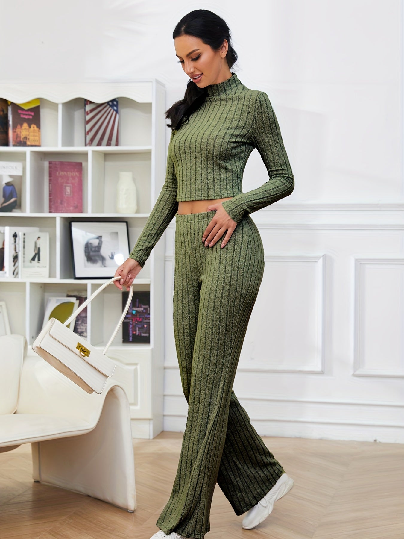 gbolsos Solid Ribbed Two-piece Set, High Neck Long Sleeve Tops & High Waist Flared Leg Pants Outfits, Women's Clothing