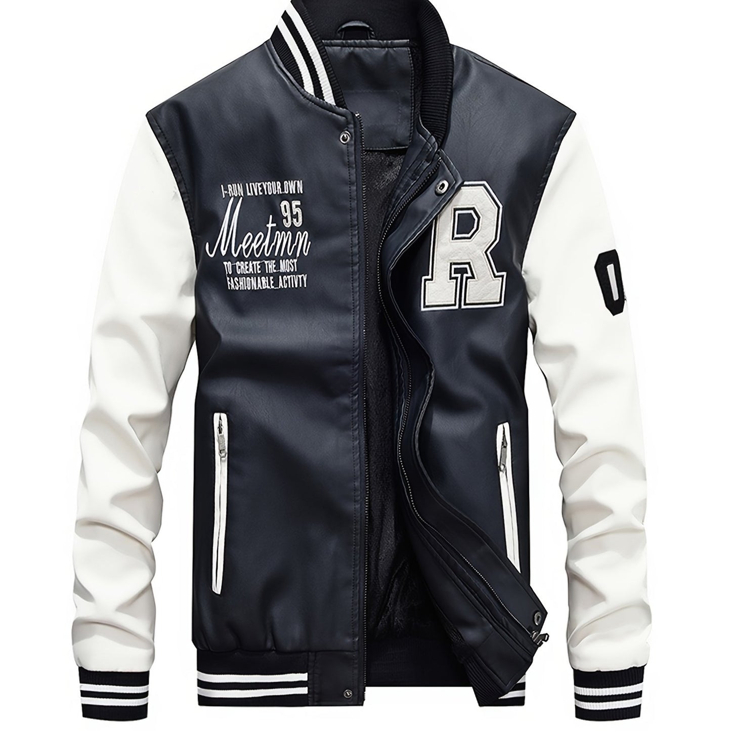 gbolsos Men's Casual Pockets "R" Print Zipper Long Sleeves Baseball Collar PULeather Jacket