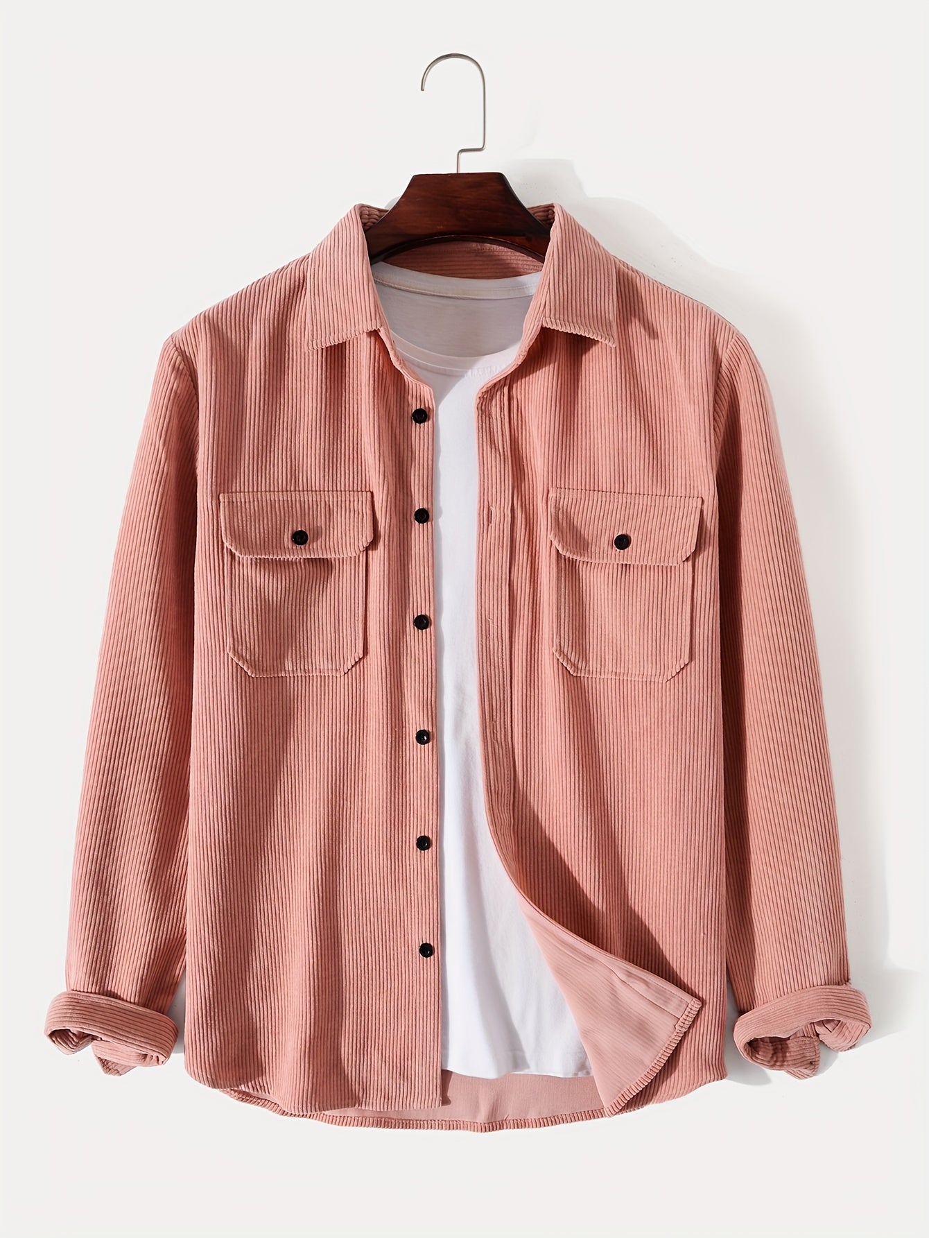gbolsos Men's Retro Corduroy Shirt Top Turn-Down Collar Long Sleeve Closure Regular Fit Solid Male Casual Shirt For Daily