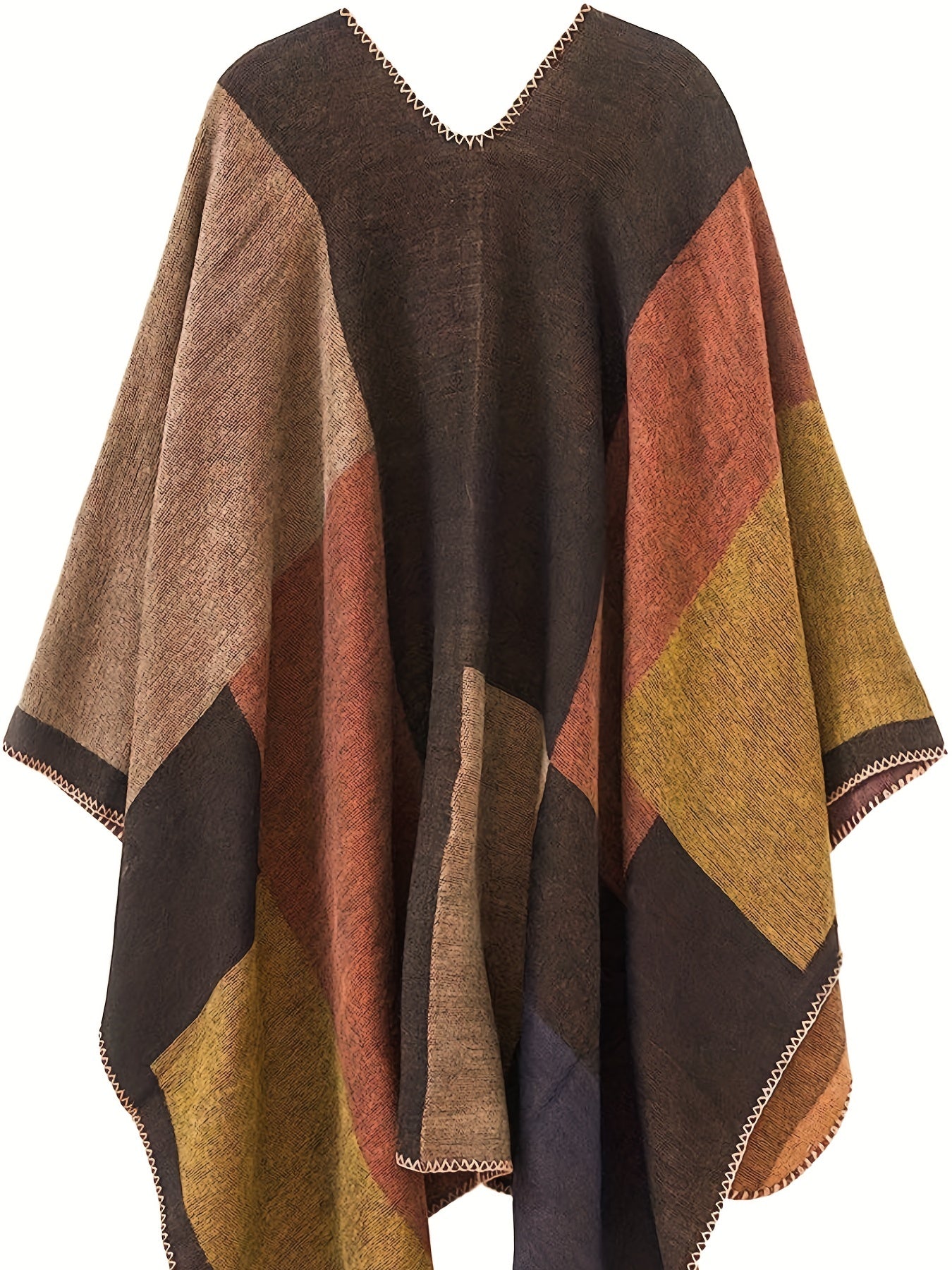 Plus Size Casual Coat, Women's Plus Colorblock Bat Sleeve Open Front Slight Stretch Cape Coat