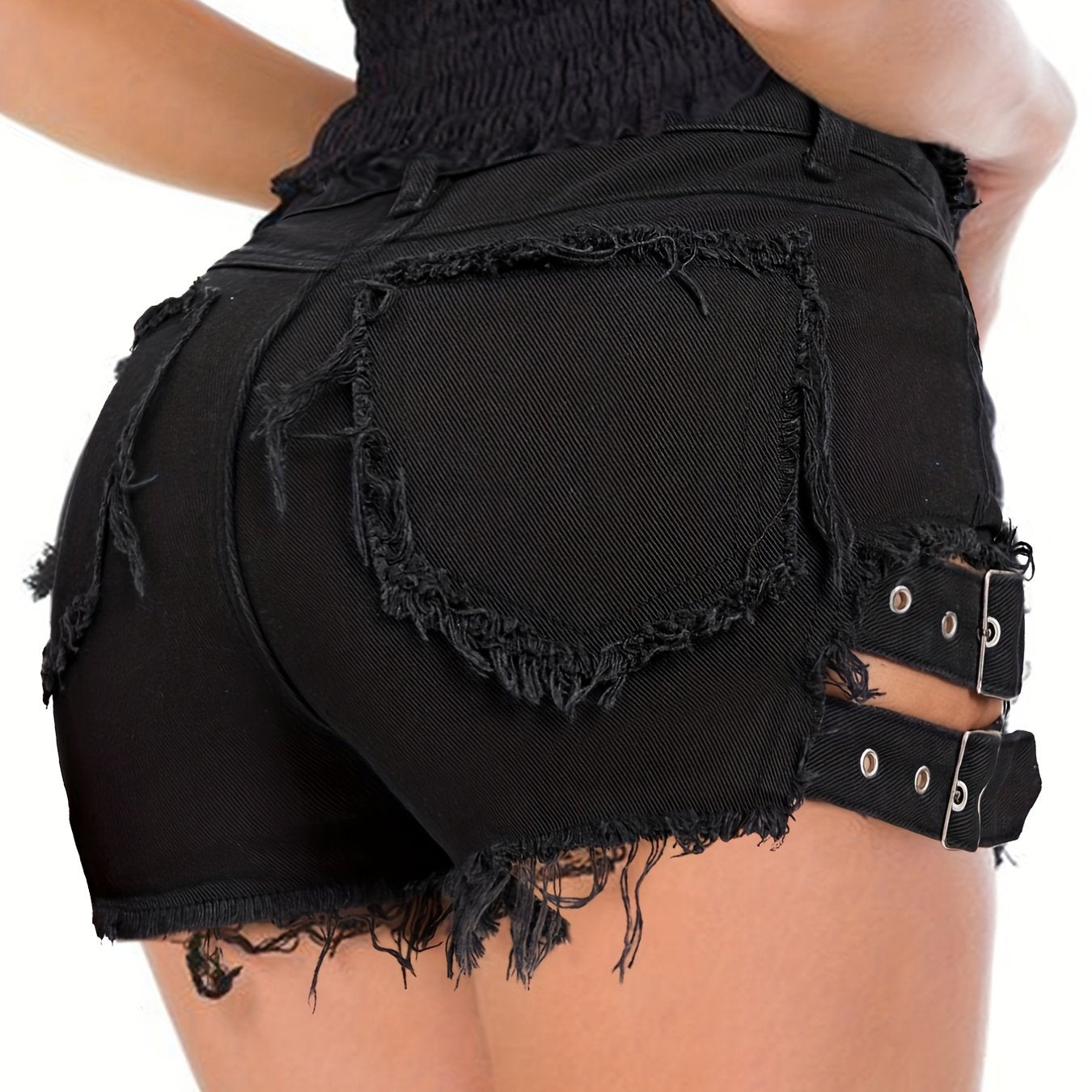 gbolsosBlack Ripped Holes Denim Shorts, Raw Hem Distressed Slash Pockets Short Denim Pants, Women's Denim Jeans & Clothing