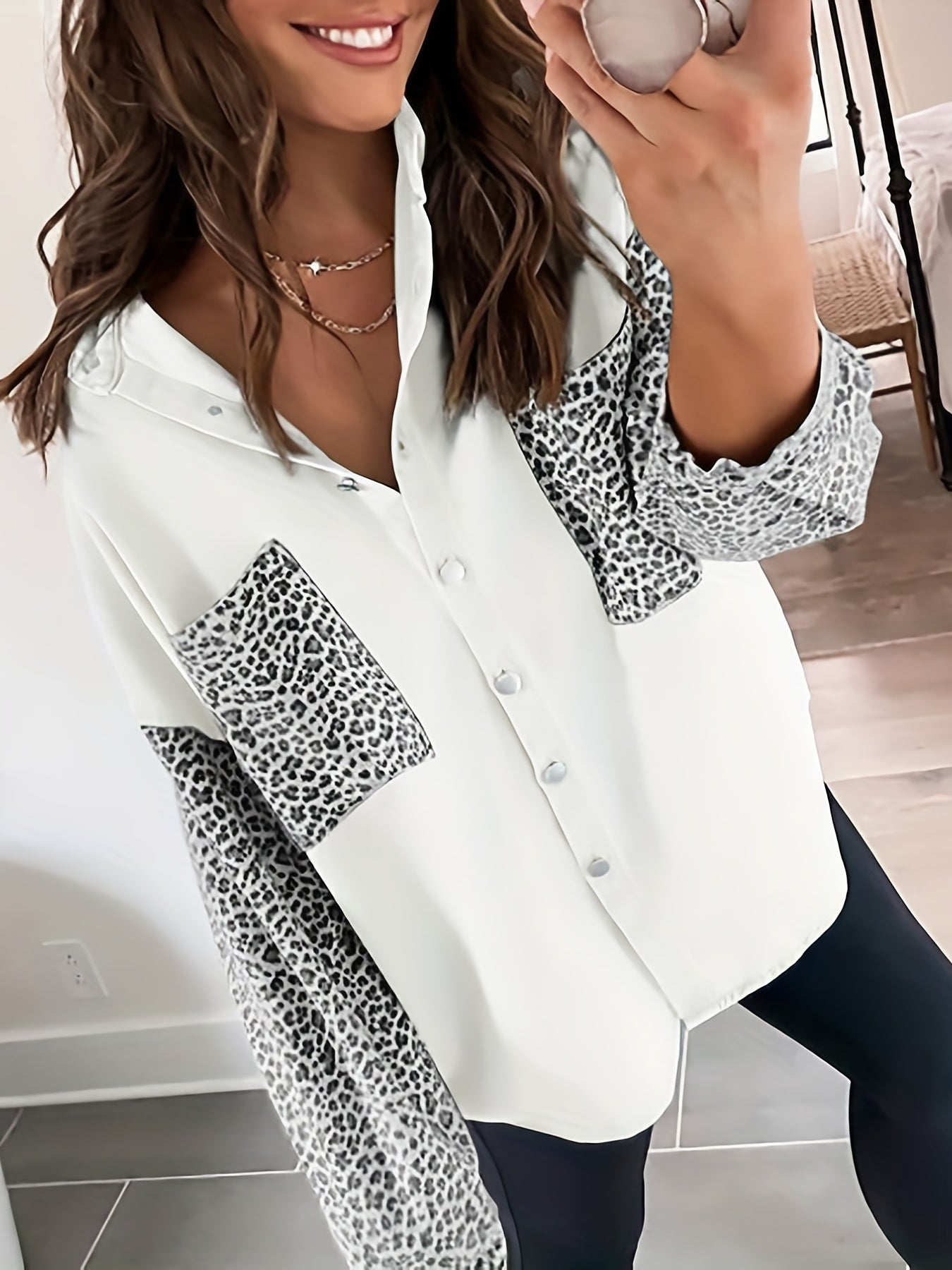 gbolsos Leopard Print Drop Shoulder Jacket, Casual Long Sleeve Jacket For Fall & Winter, Women's Clothing