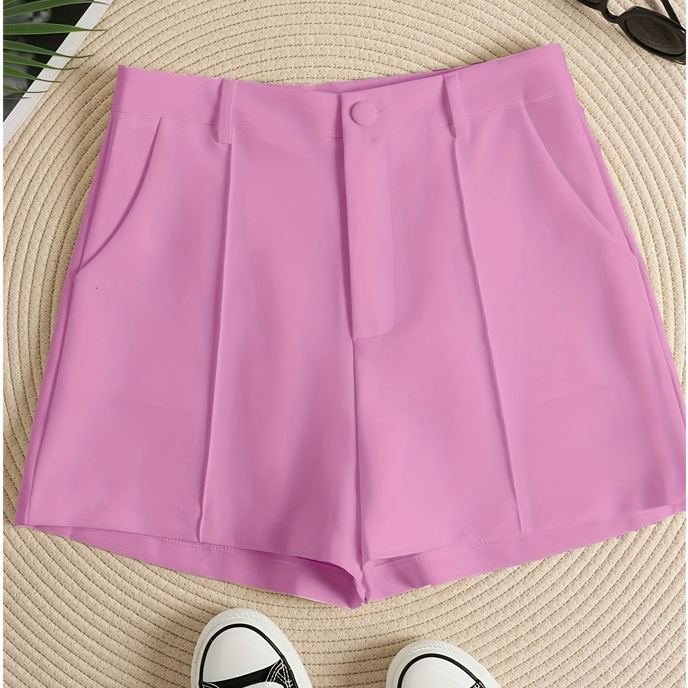gbolsos Solid Color High Waist Shorts, Casual Zipper Front Shorts For Spring & Summer, Women's Clothing