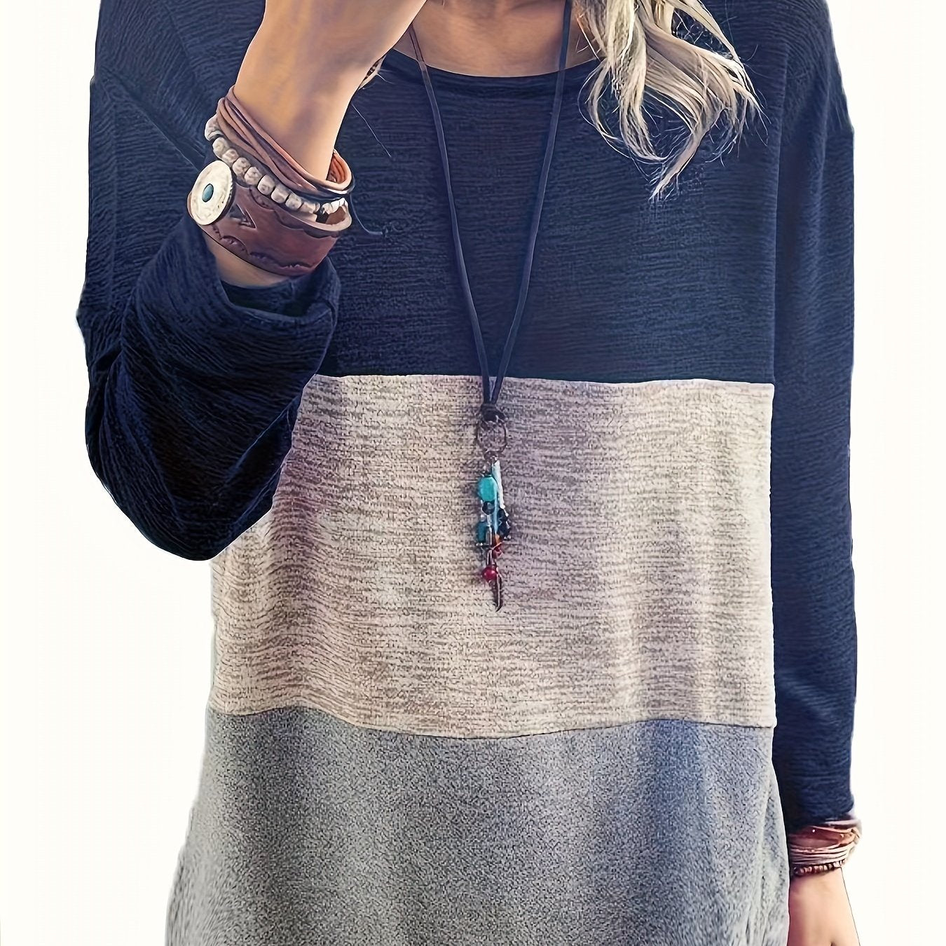 Plus Size Casual Top, Women's Plus Colorblock Long Sleeve Round Neck Medium Stretch Top