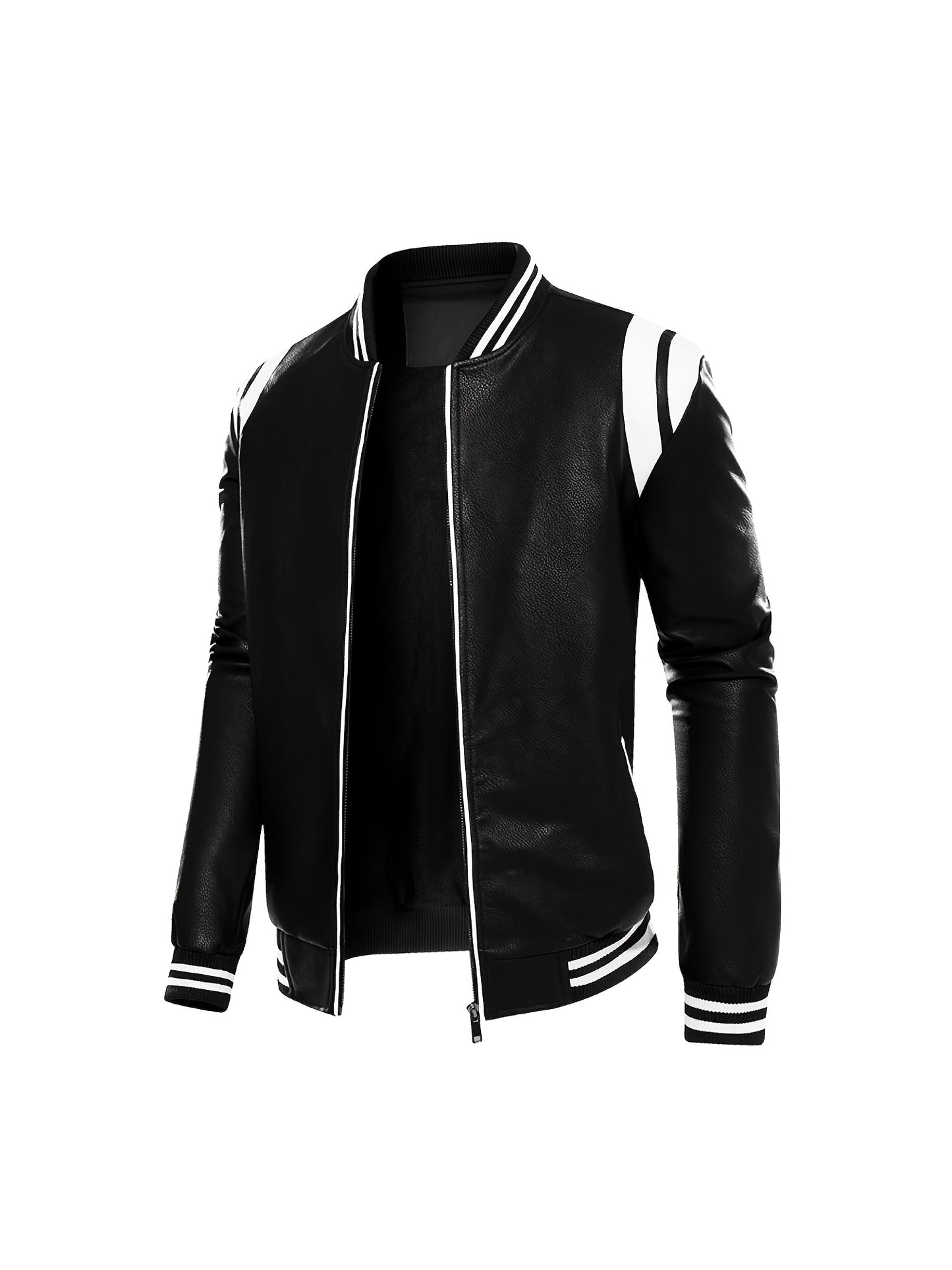 gbolsos Chic Color Block PU Jacket, Men's Casual Baseball Collar Faux Leather Biker Jacket