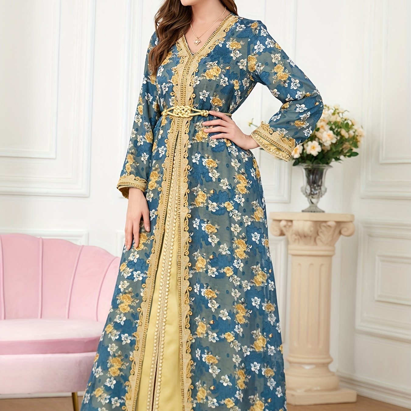 gbolsos Floral Print Contrast Collar Kaftan Dress, Elegant V Neck Long Sleeve Maxi Dress, Women's Clothing