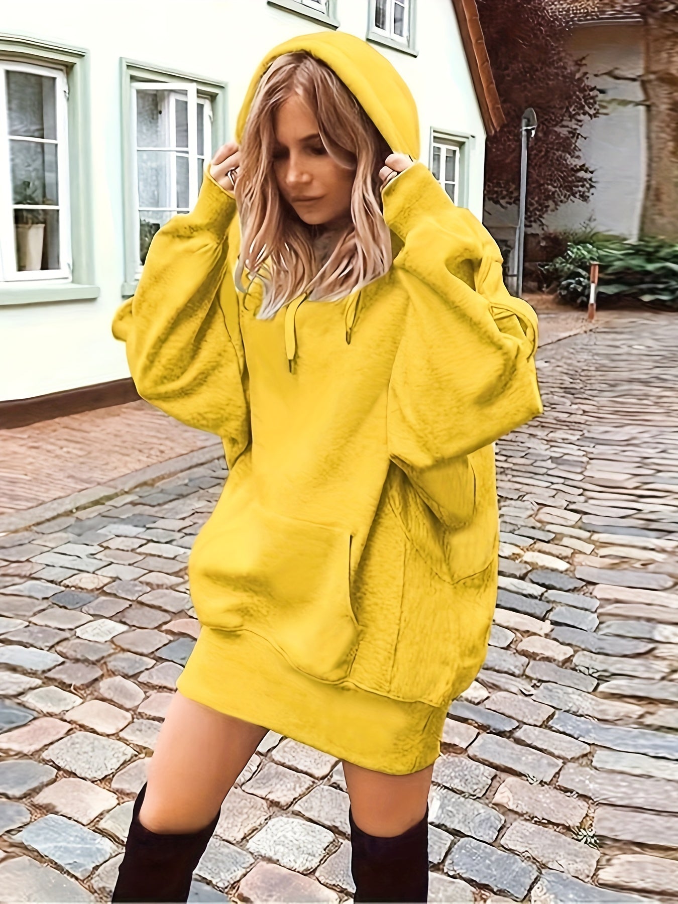 Solid Drawstring Hoodie, Casual Long Sleeve Drop Shoulder Hoodie, Women's Clothing