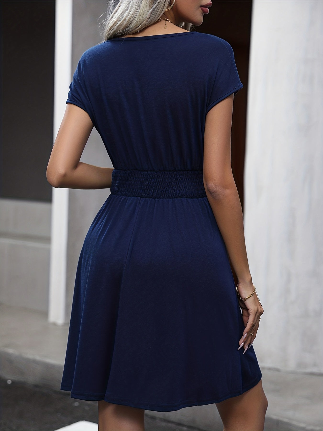 gbolsos Surplice Neck Cap Sleeve Dress, Casual Shirred Waist Solid Dress, Women's Clothing