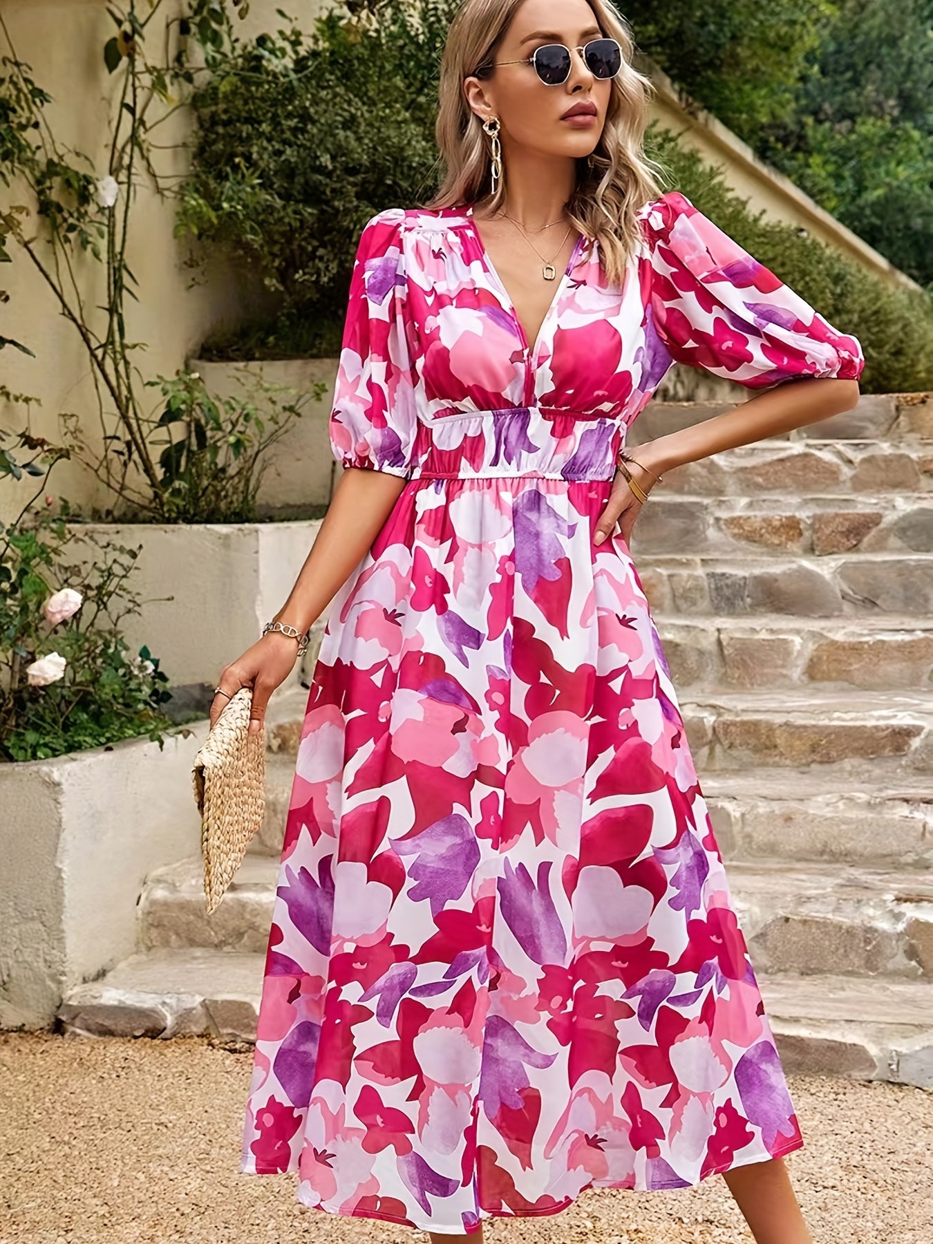 gbolsos Floral Print V Neck Dress, Boho Short Sleeve Ruched Waist Dress For Spring & Summer, Women's Clothing